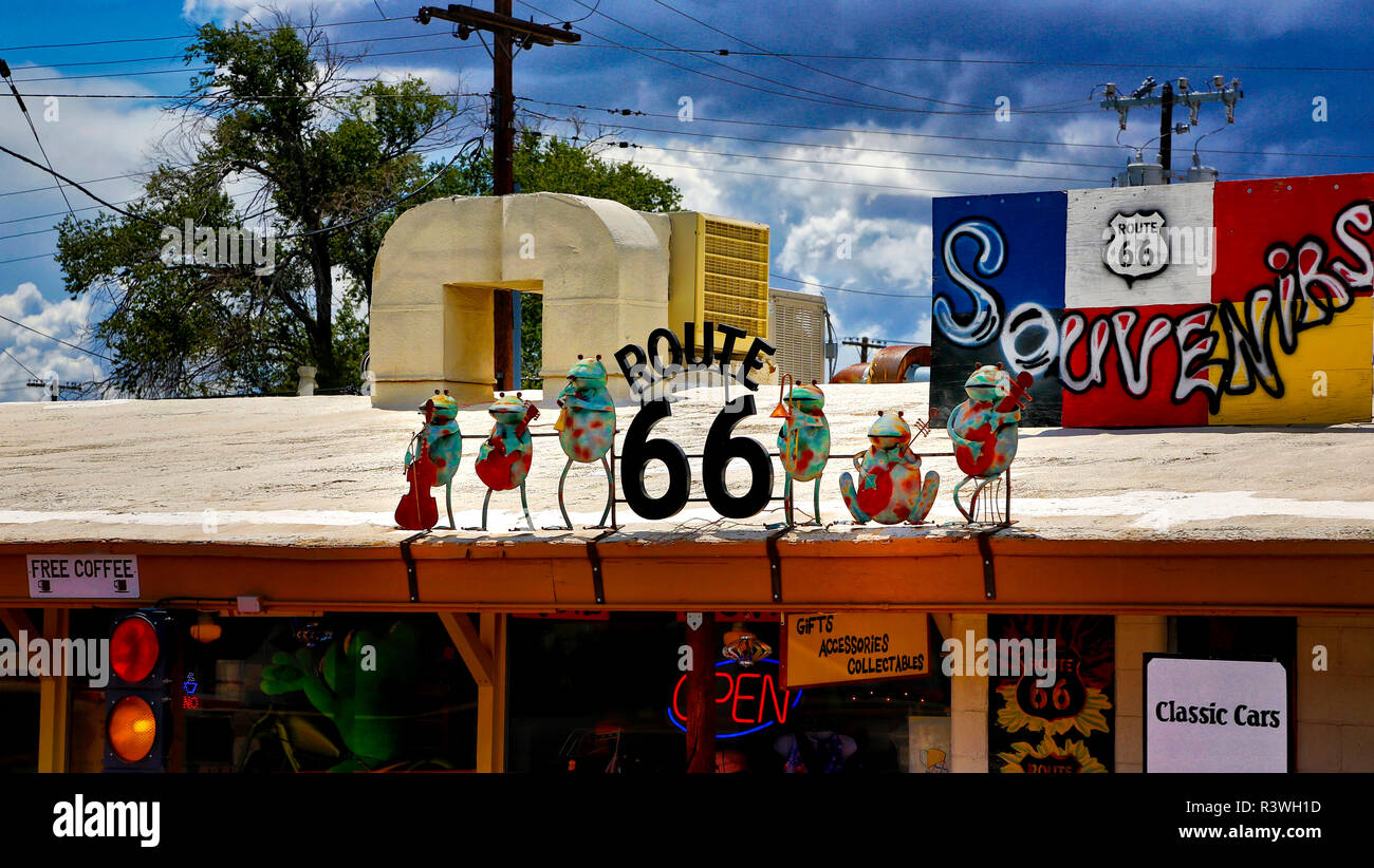 USA, Arizona, Seligman. Route 66 sign over souvenir shop Stock Photo