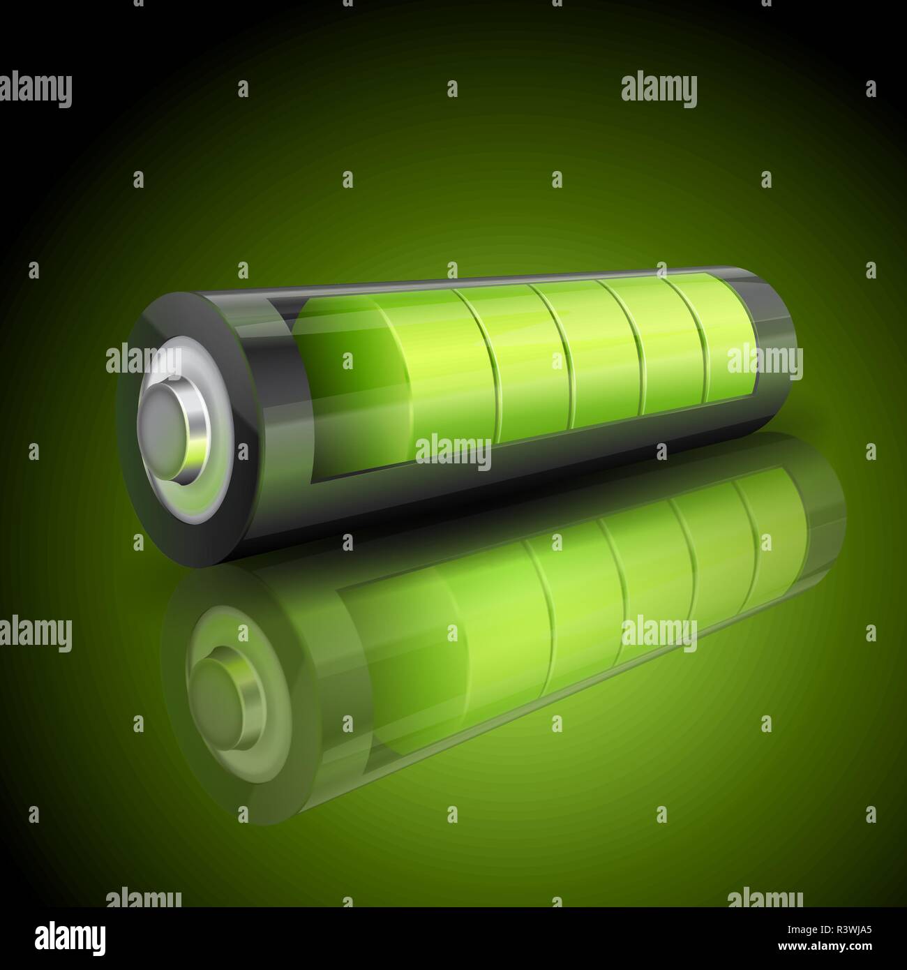 Realistic 3d green battery, charging status indicator Stock Vector