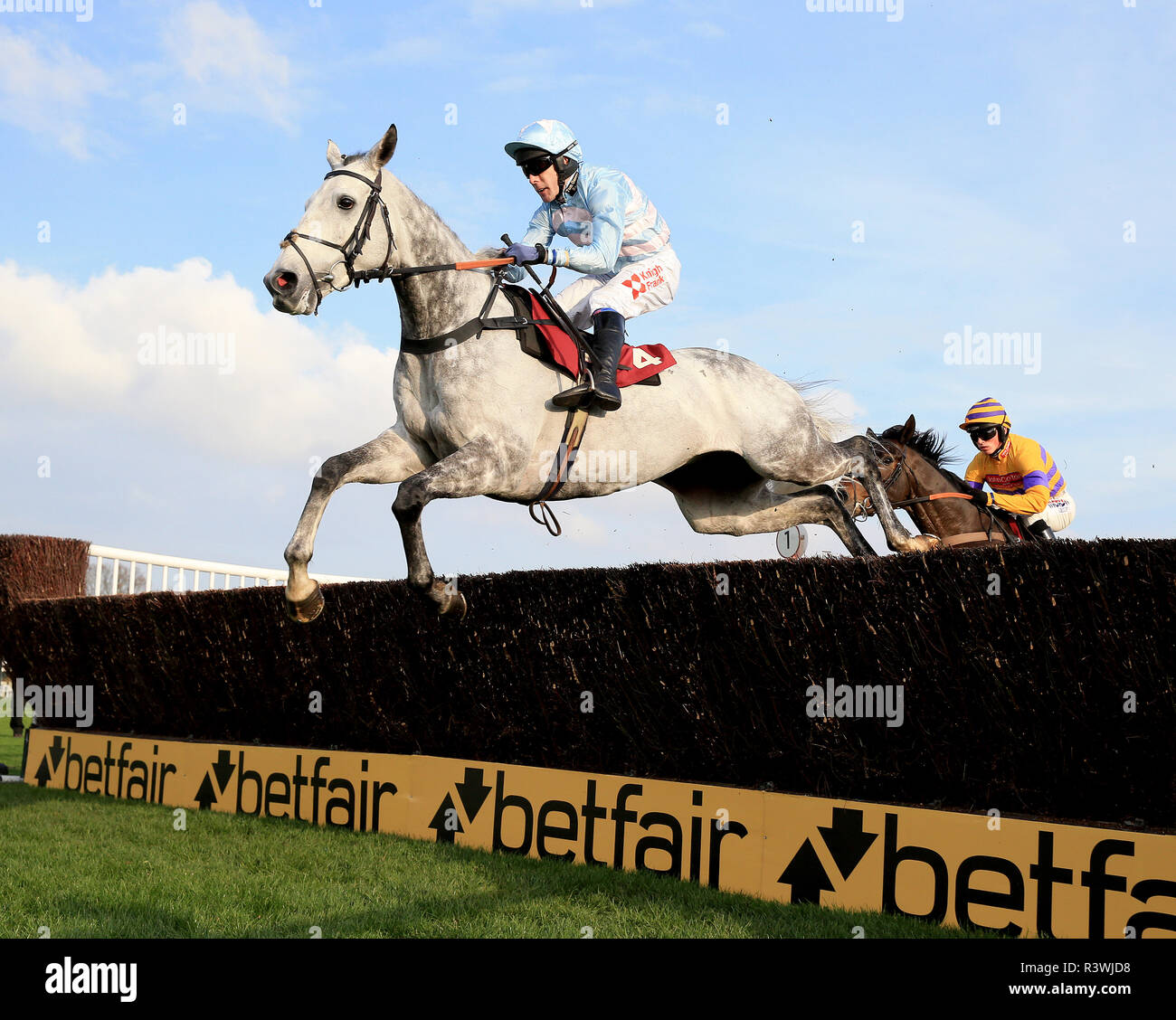 Activial ridden by Tom Scudamore clears the last fence and wins the Cash Out In-Play With Betfair Graduation Steeple Chase during Betfair Chase Day at Haydock Park, Newton-Le-Willows. Stock Photo