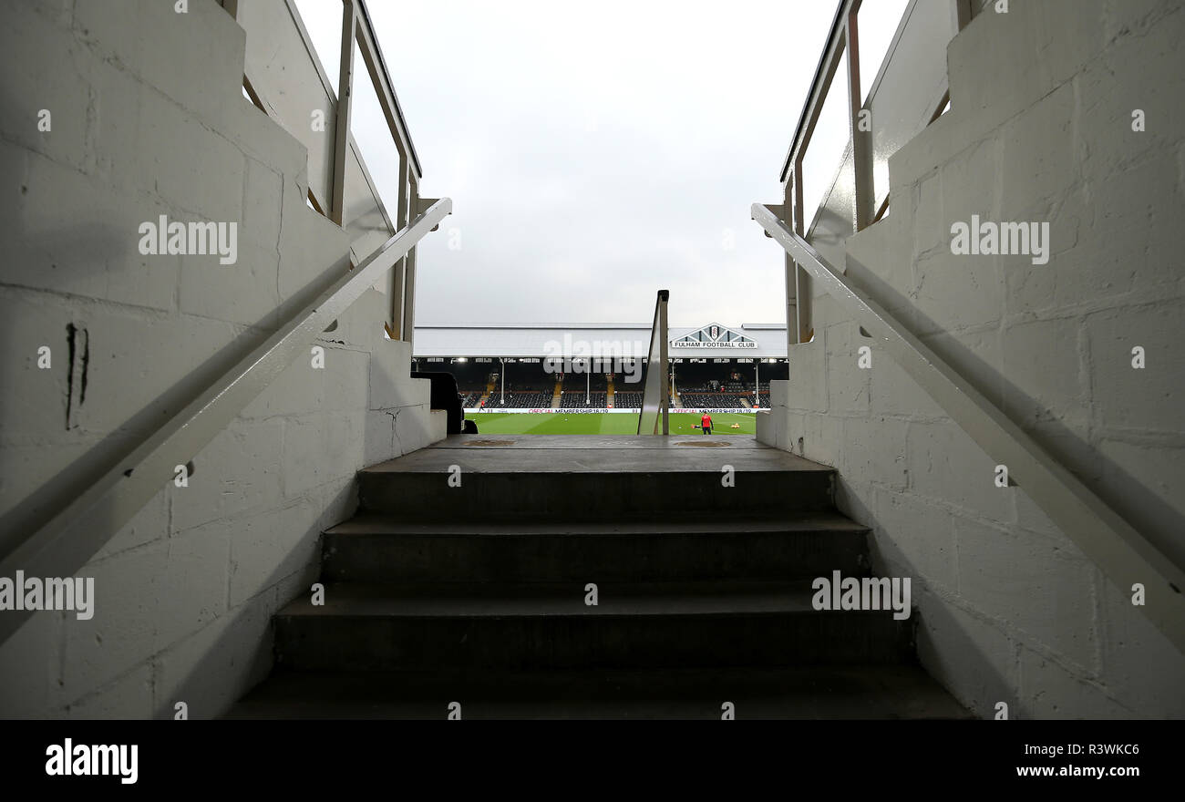 General view from inside the stadium before the Premier League match at Craven Cottage, London. PRESS ASSOCIATION Photo. Picture date: Saturday November 24, 2018. See PA story SOCCER Fulham. Photo credit should read: Steven Paston/PA Wire. RESTRICTIONS: No use with unauthorised audio, video, data, fixture lists, club/league logos or 'live' services. Online in-match use limited to 75 images, no video emulation. No use in betting, games or single club/league/player publications. Stock Photo
