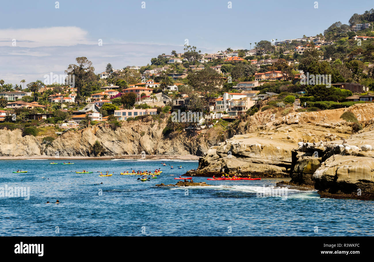 USA, California, La Jolla. Panoramic view of kayaking and snorkeling near La Jolla Cove Stock Photo