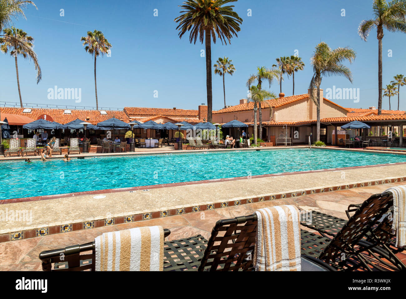 USA, California, La Jolla. Poolside at the La Jolla Beach and Tennis Club (Editorial Use Only) Stock Photo