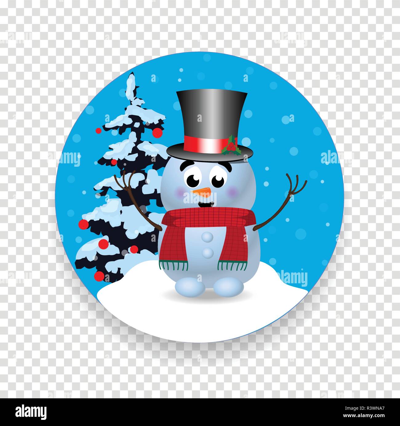 Christmas New Year Round Sign Icon With Cute Cartoon Character Snowman In Top Hat Fir Tree Isolated On Transparent Background Vector Illustration Stock Vector Image Art Alamy