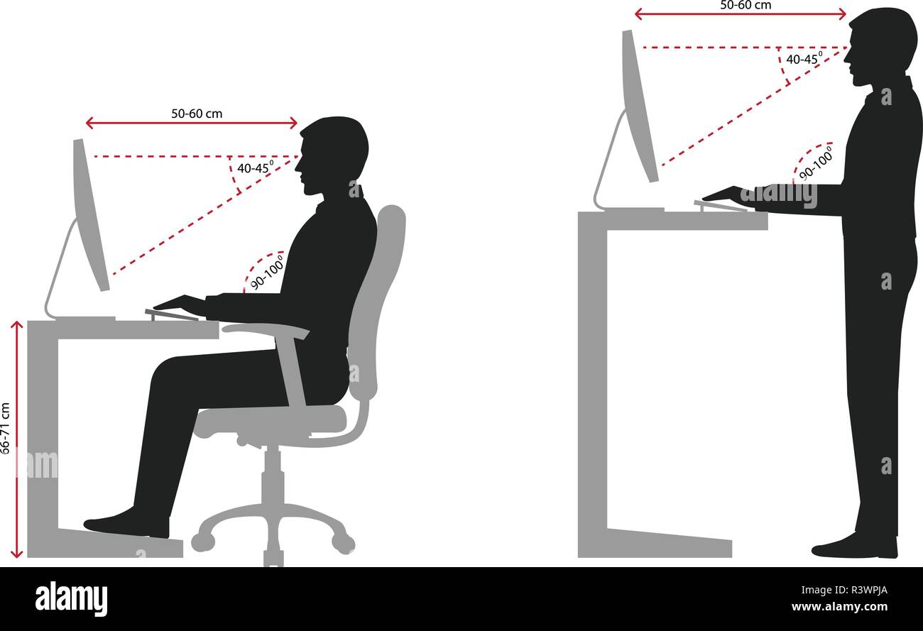 Correct sitting and standing posture when using a computer, silhouette Stock Vector