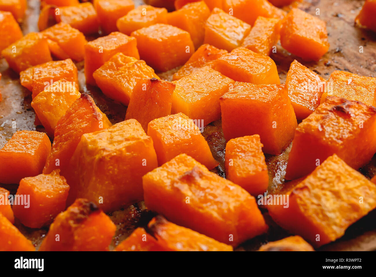 Close Up Of Roasted Butternut Squash Cubes Stock Photo Alamy