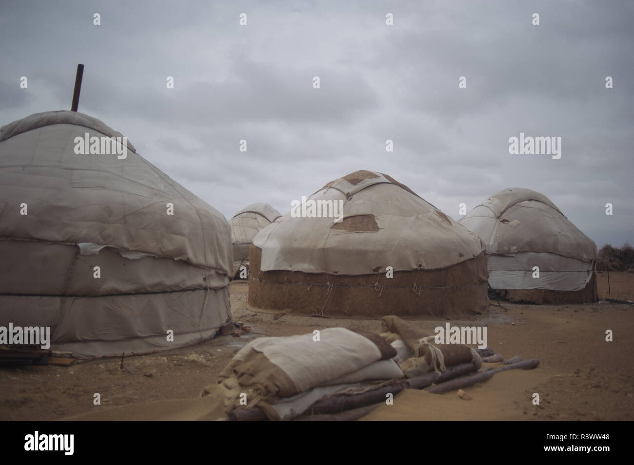 Ayaz Kala ruins and yurt camp in Northern Uzbekistan, near Khiva. Stock Photo