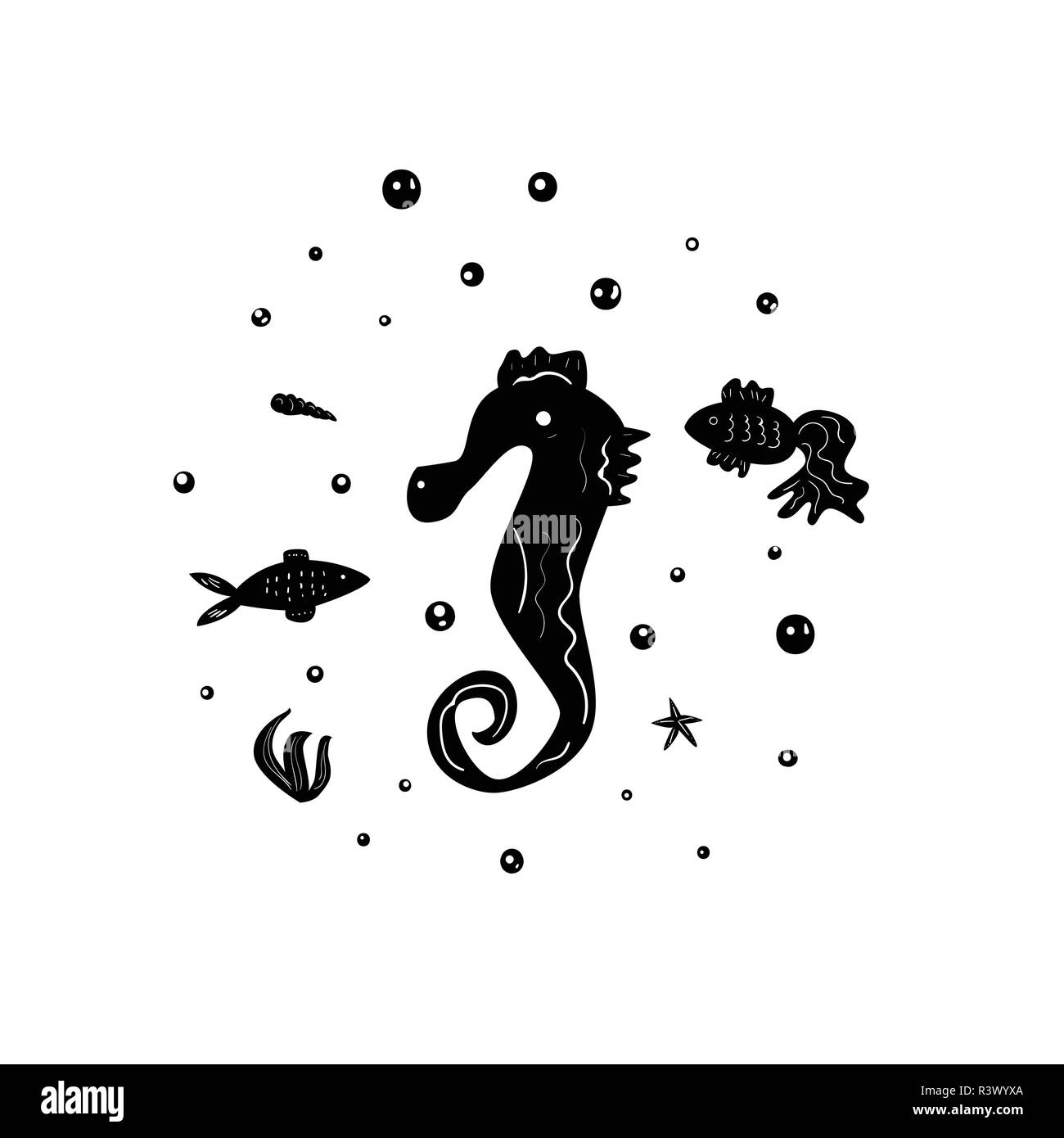 Sea silhouette composition. Seahorse and other underwater shadow-figure. Vector illustration. Stock Vector