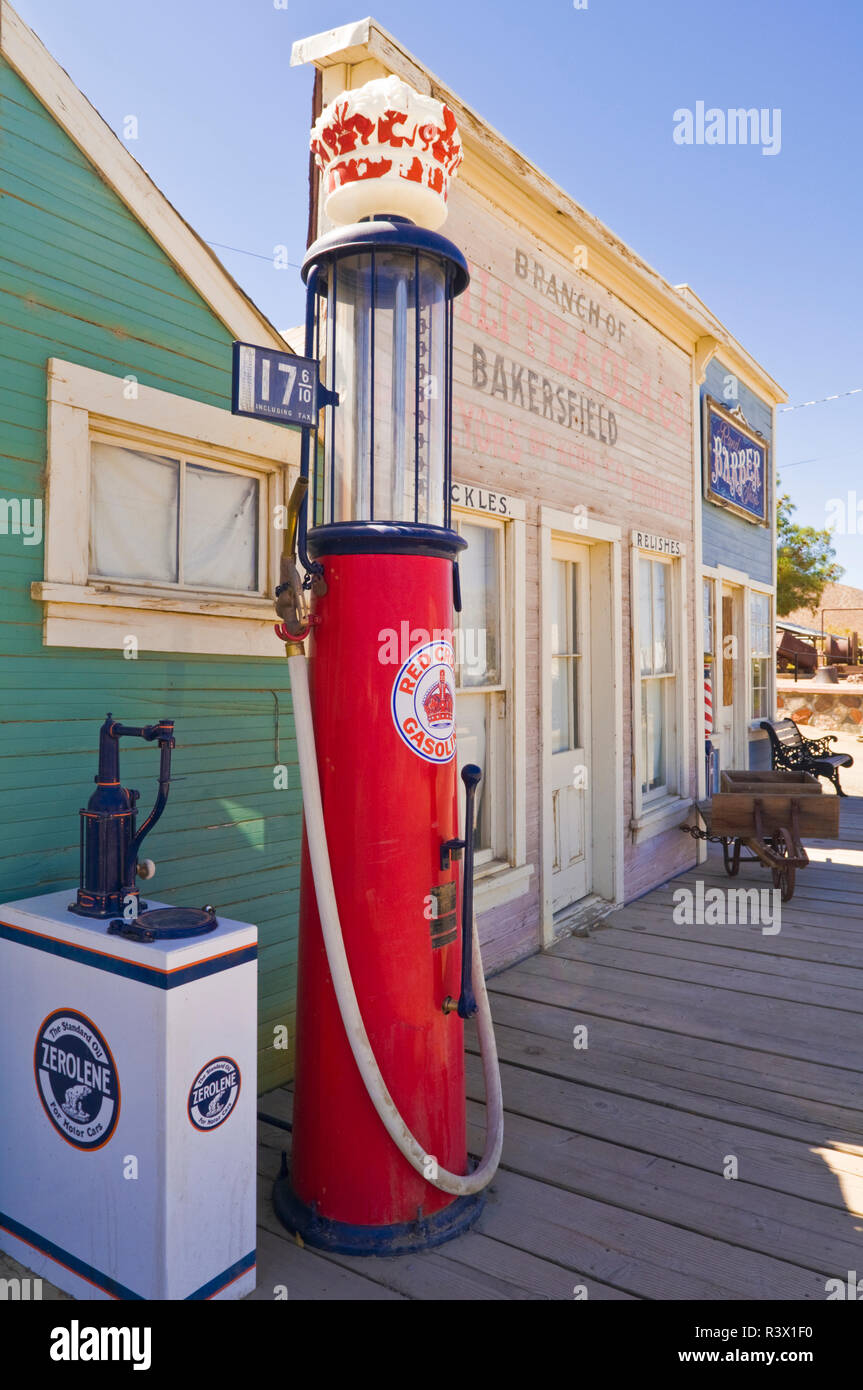 Shops and old gas pump at the ghost town of Randsburg, California, USA