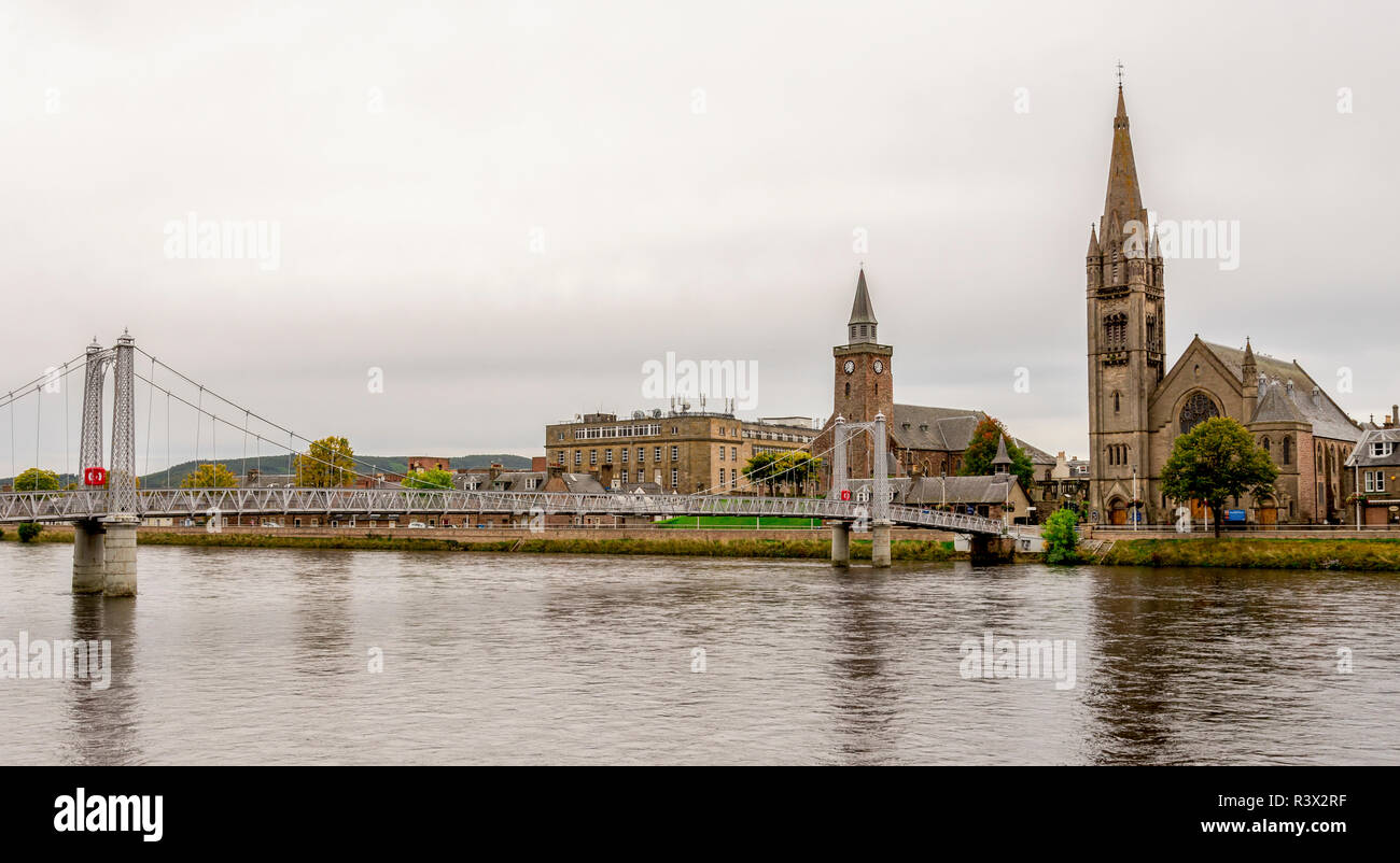 Free Church of Scotland, Old High Church and Greig Street Bridge over river Ness in Inverness cityscape, Scotland Stock Photo