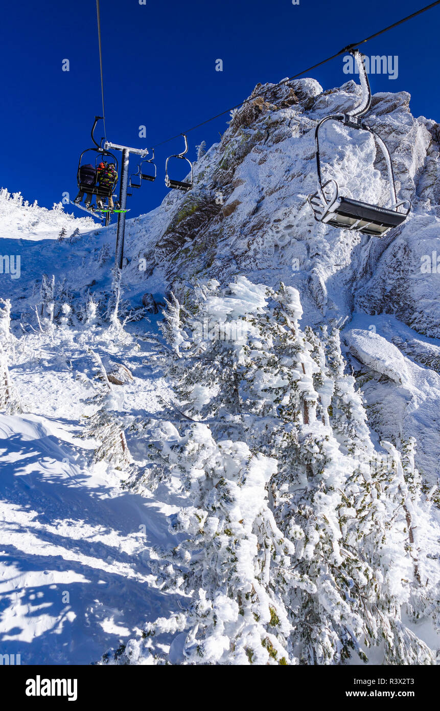 Chairlift covered in rime ice, Mammoth Mountain Ski Area, Mammoth Lakes, California, USA. (Editorial Use Only) Stock Photo