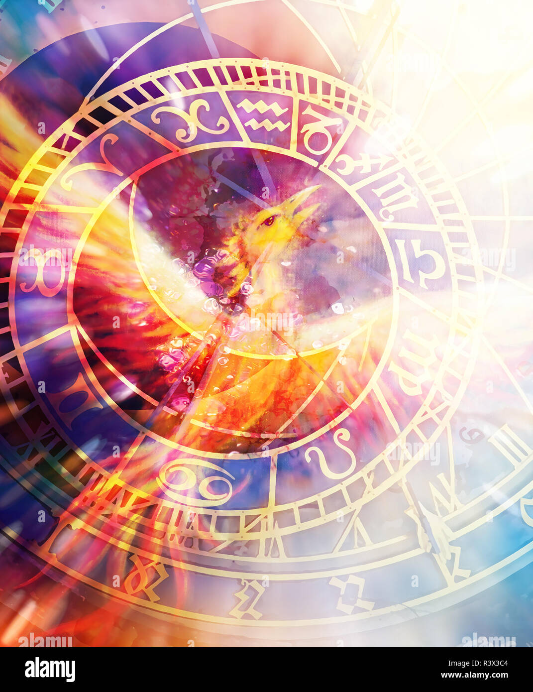 Flying phoenix bird as symbol of rebirth and new beginning and zodiac