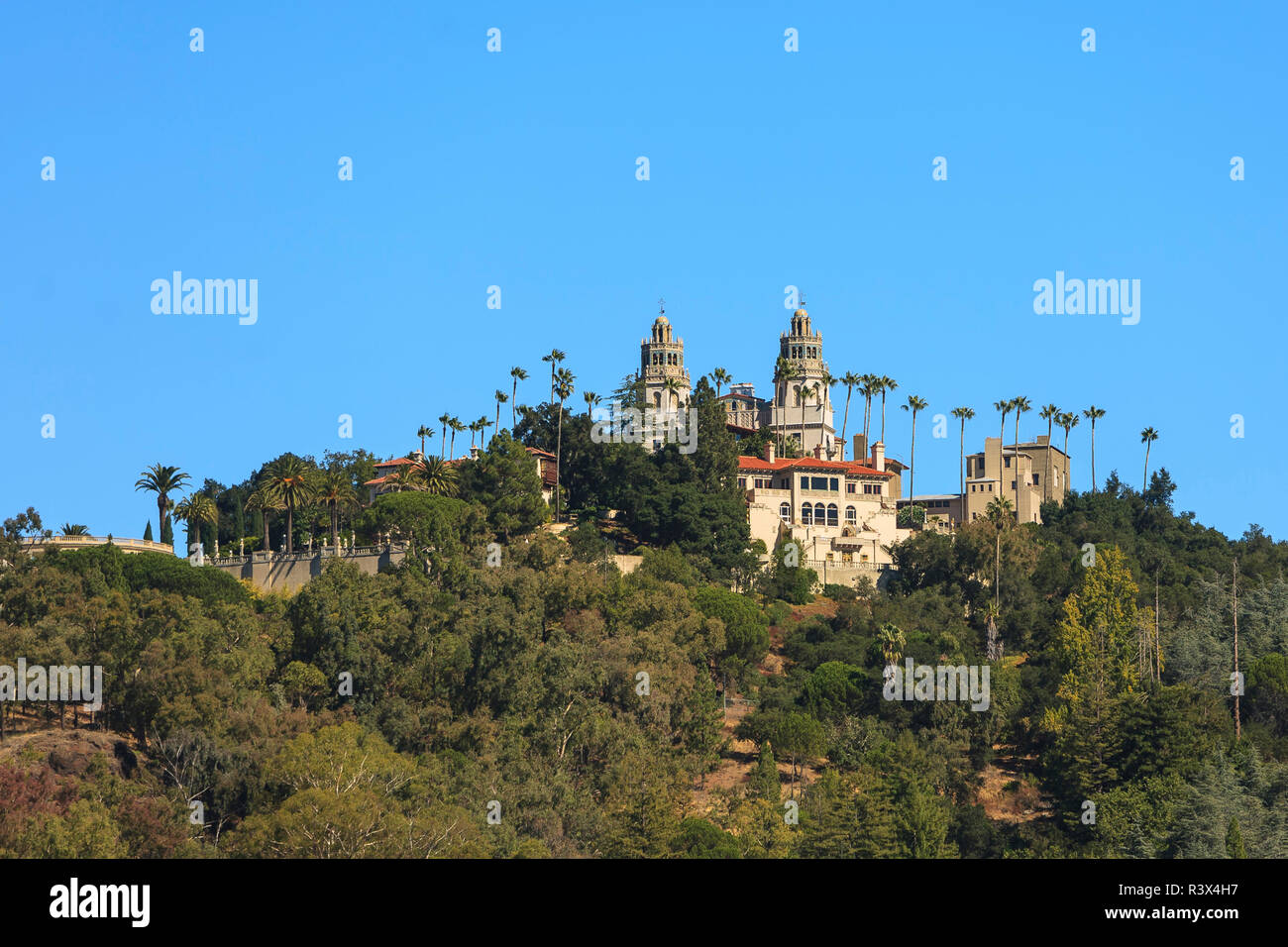 Hearst Castle, Mediterranean style mansion atop hill near San Simeon, Central California Coast, USA Stock Photo