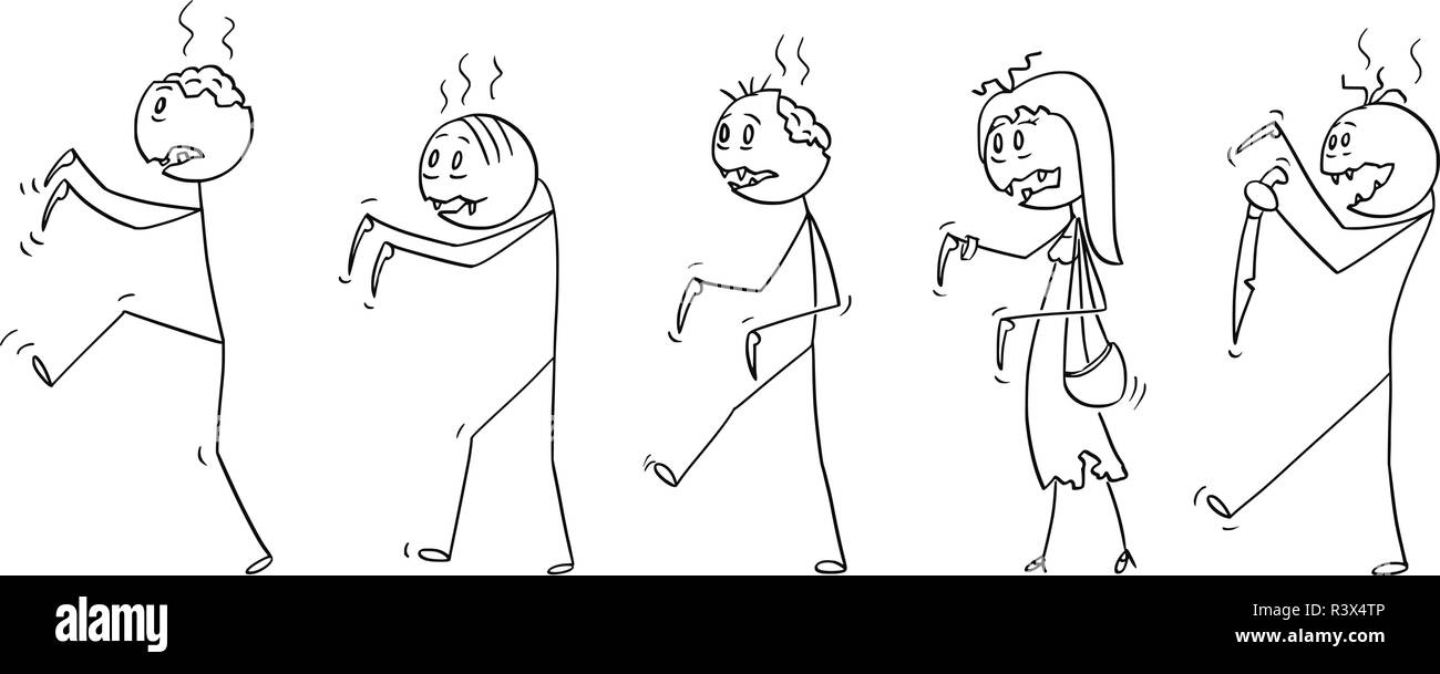 Cartoon of Group of Five Undead Zombies Walking Stock Vector