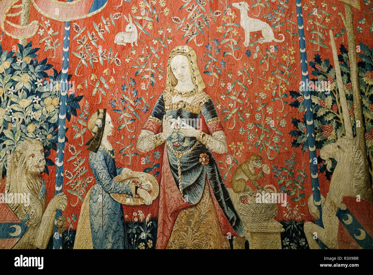 A detail of one of six tapestries in the Musee de Cluny telling the ...