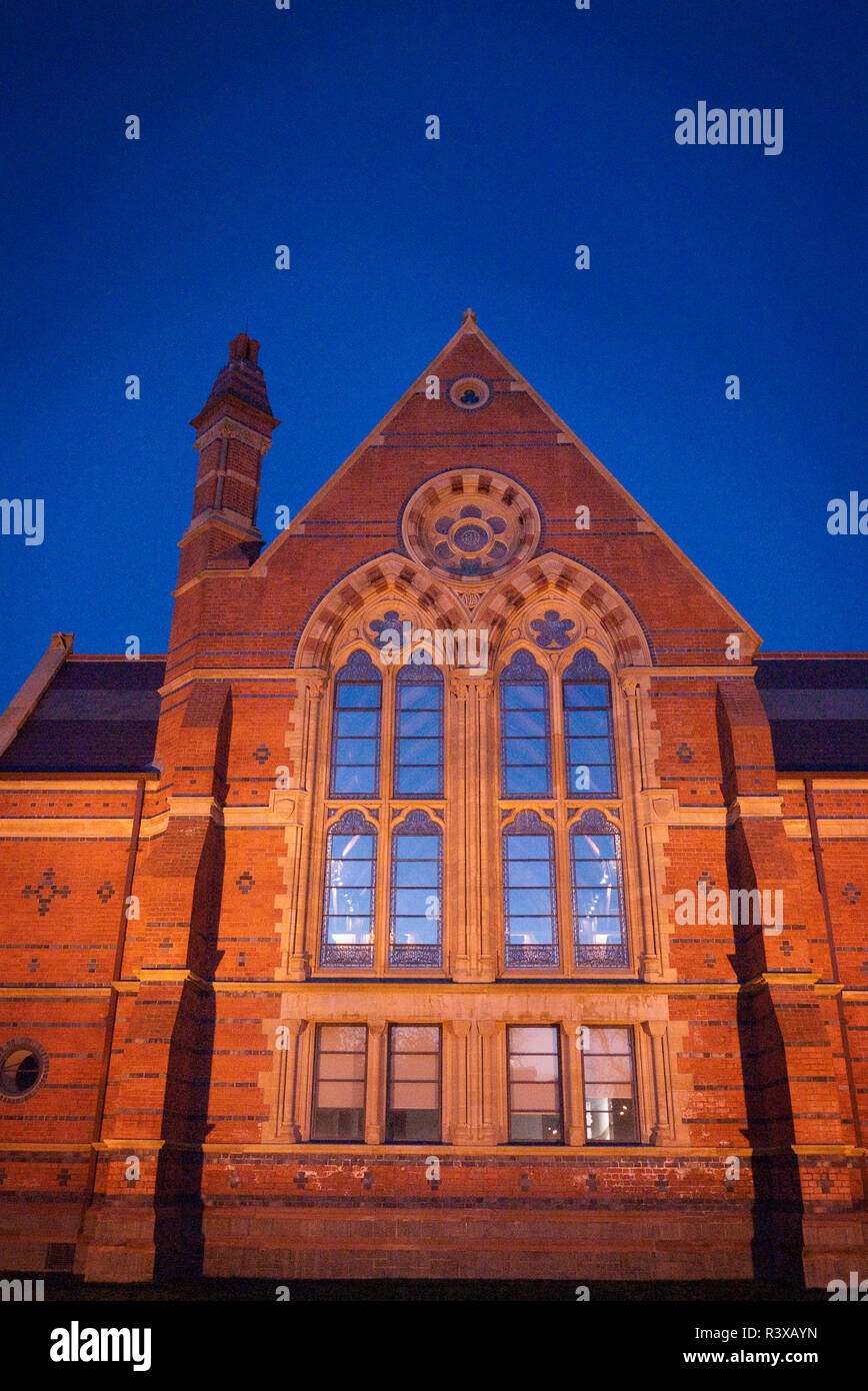 Front facade of the Lanyon Building, Queen's University, Belfast, Northern Ireland at night. Stock Photo