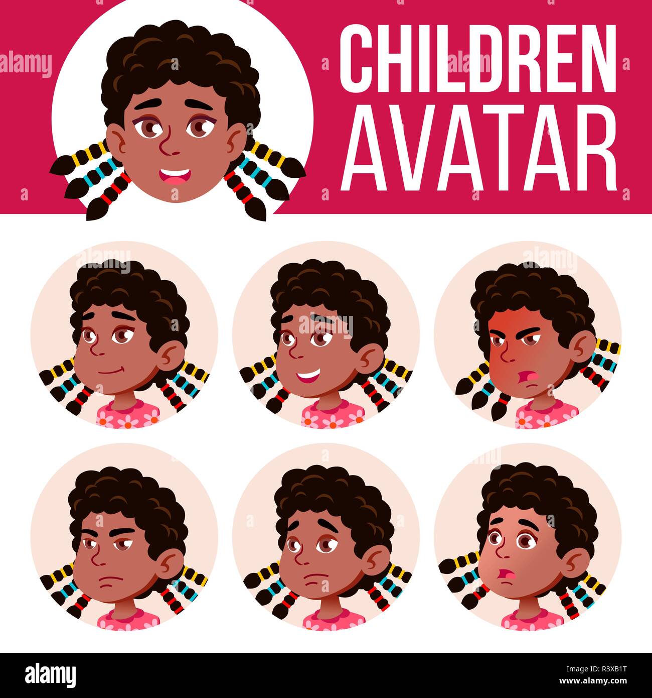 Girl Avatar Set Kid Vector. Black. Afro American. Primary School. Face ...
