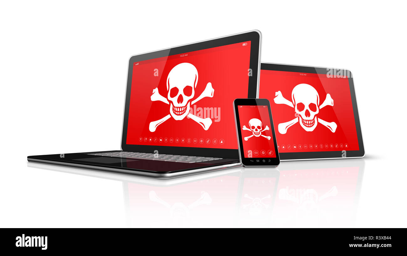 Laptop tablet pc and smartphone with pirate symbols on screen. Hacking concept Stock Photo