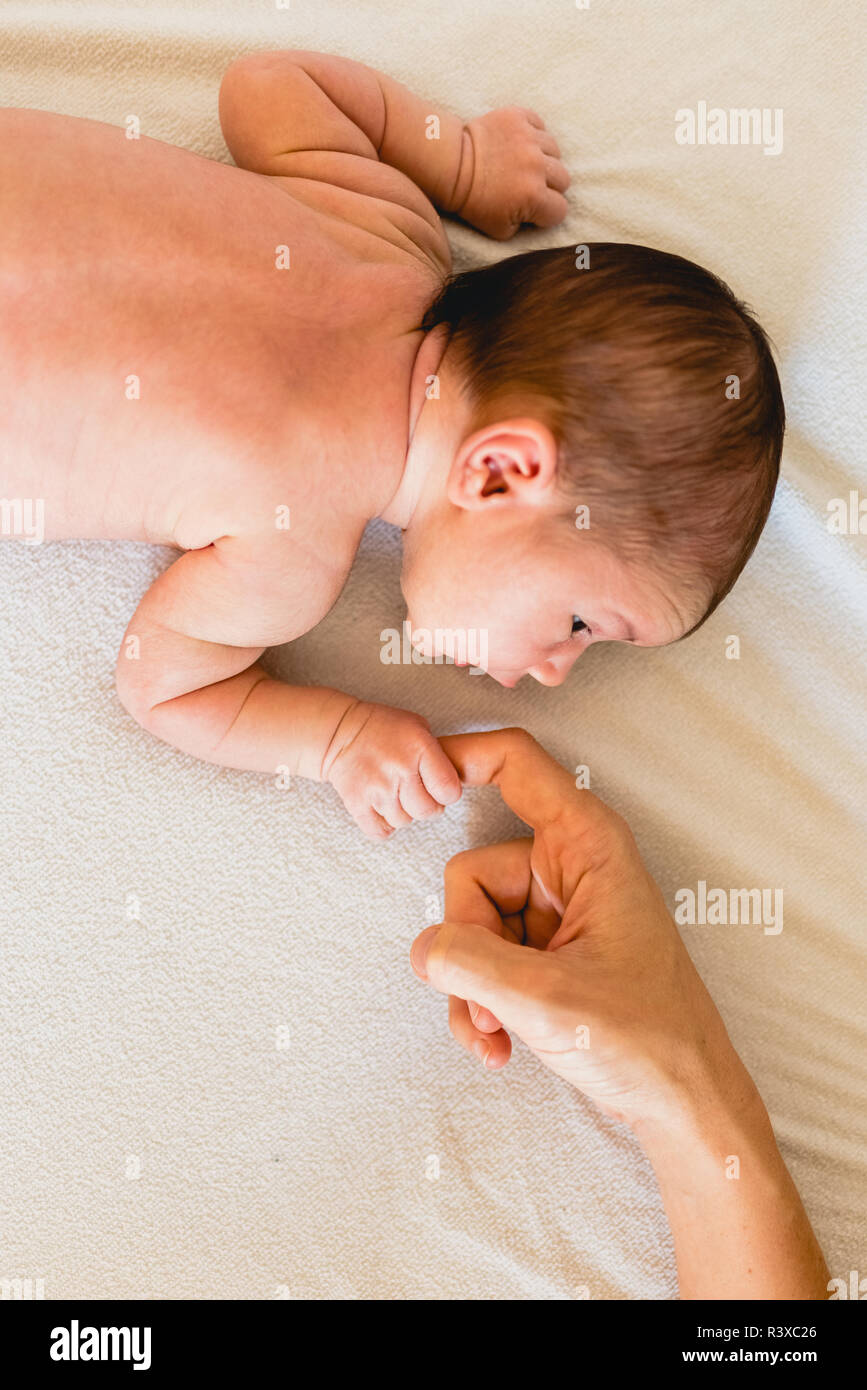 Newborn baby securely grasping his mother's hands, close-up fingers. Stock Photo