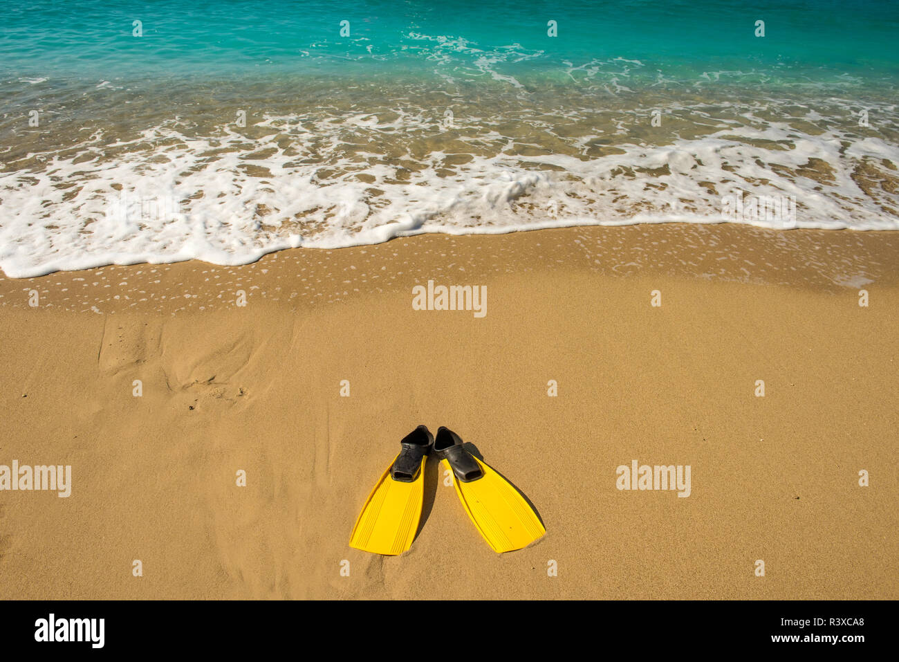 yellow flippers on sand beach Stock Photo