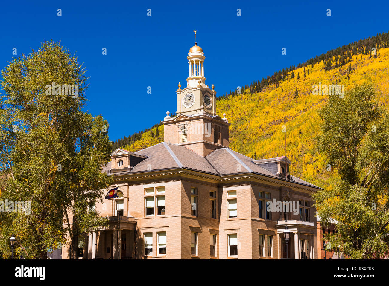 Historic courthouse and fall color, Silverton, Colorado, USA Stock