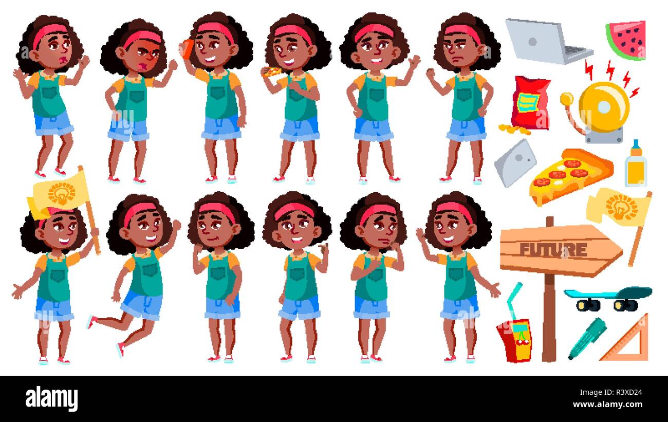 Girl Schoolgirl Poses Set Vector. Black. Afro American Pupil. For ...