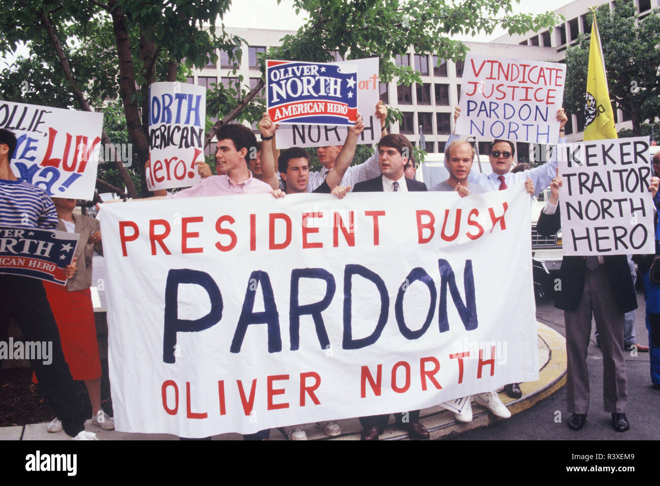 July 1989: Protesters after the Oliver North trial at the US District Court. Stock Photo