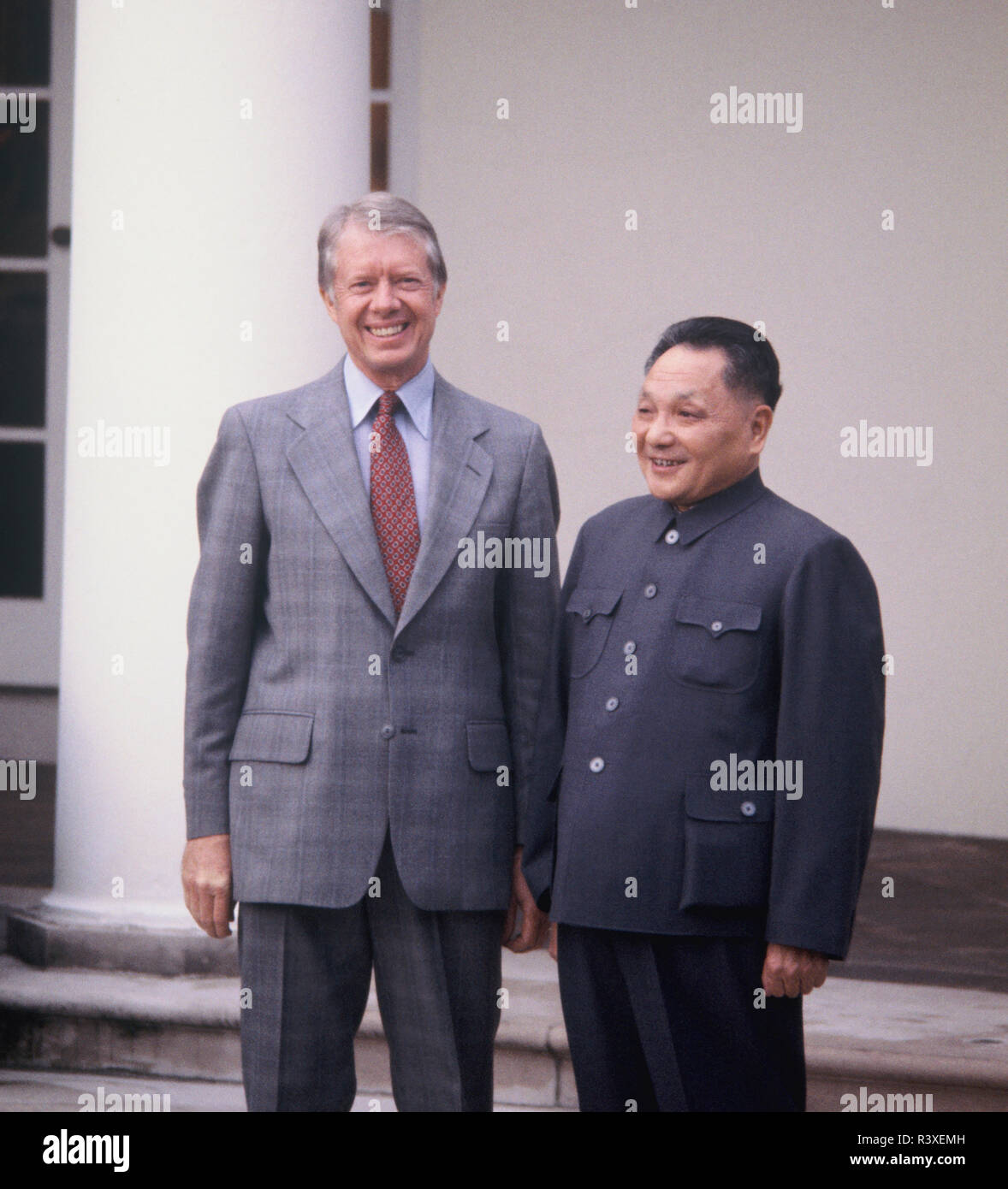 January 1979: President Jimmy Carter and Deng Xiaoping pose in the Rose Garden during the visit of Deng Xiaoping to Washington, DC. Stock Photo