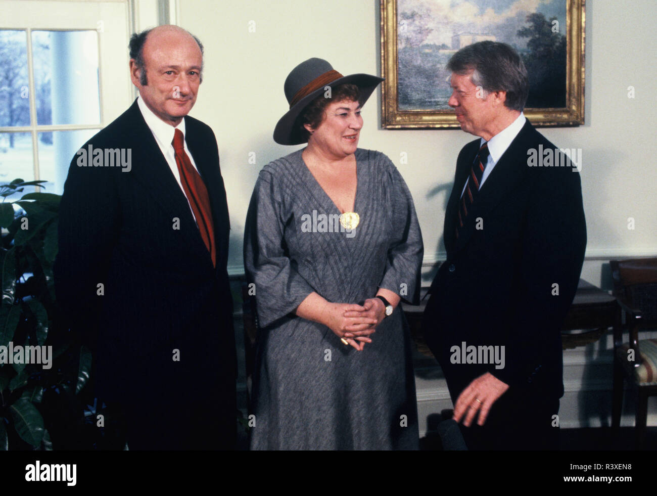 February 1978: President Jimmy Carter, Mayor Ed Koch and Rep. Bella Abzug in the Oval Office. Stock Photo