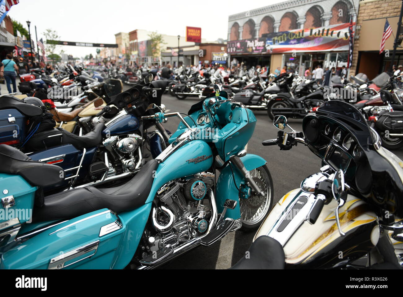 Motorcycles line the Main Street in Sturgis South Dakota during the