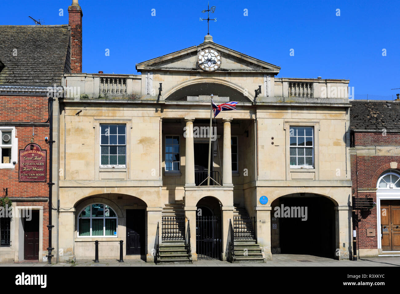 Town centre view, Town Hall, Bourne town; Lincolnshire; England; UK Stock Photo