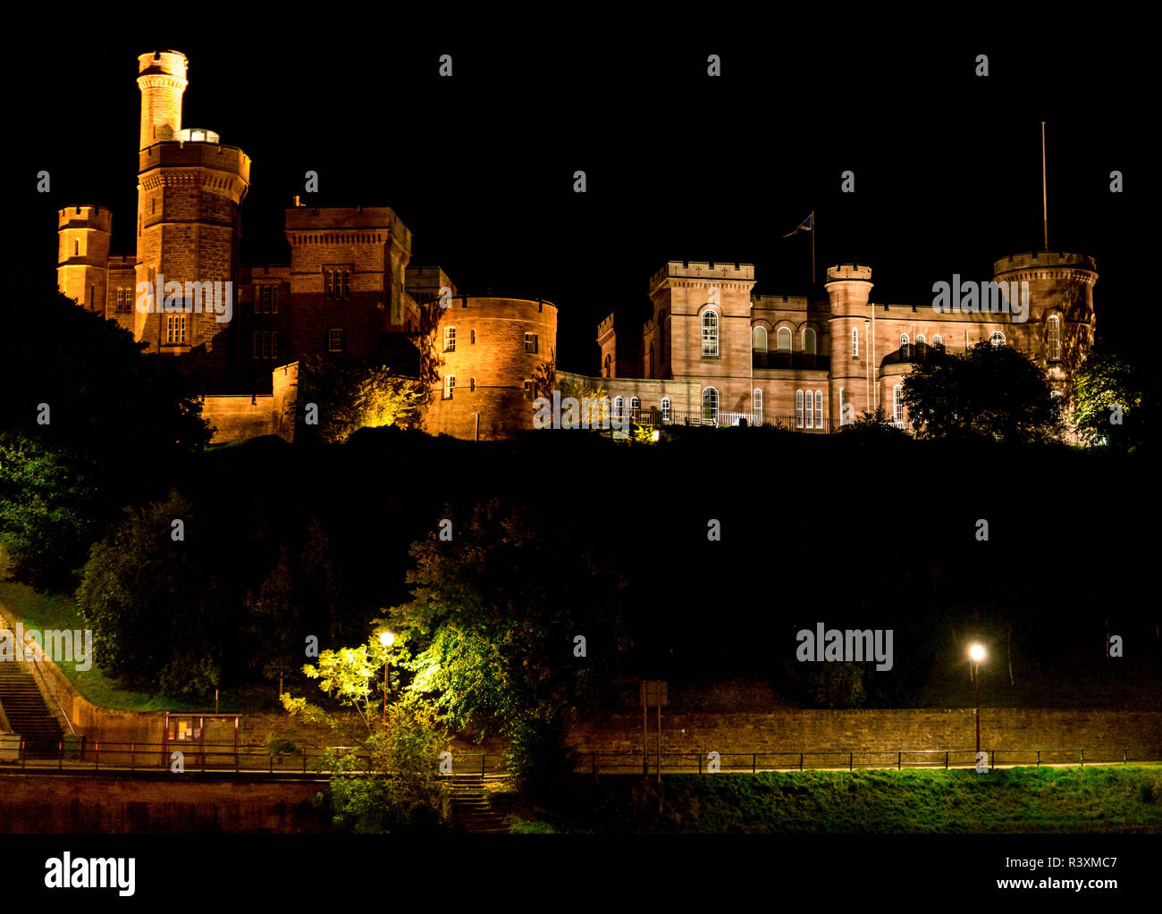 A night view of illuminated Inverness Castle, northern Scotland. Shot taken from the other side of river Ness. Stock Photo