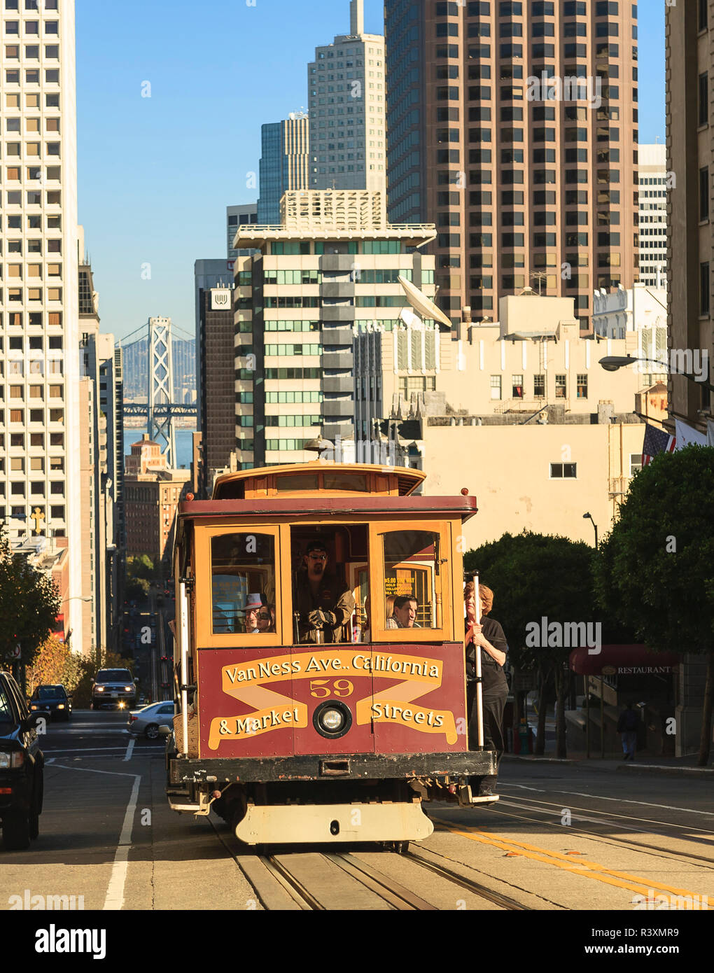 View of Bay Bridge from Nob Hill on California Street, San Francisco, California, USA Stock Photo