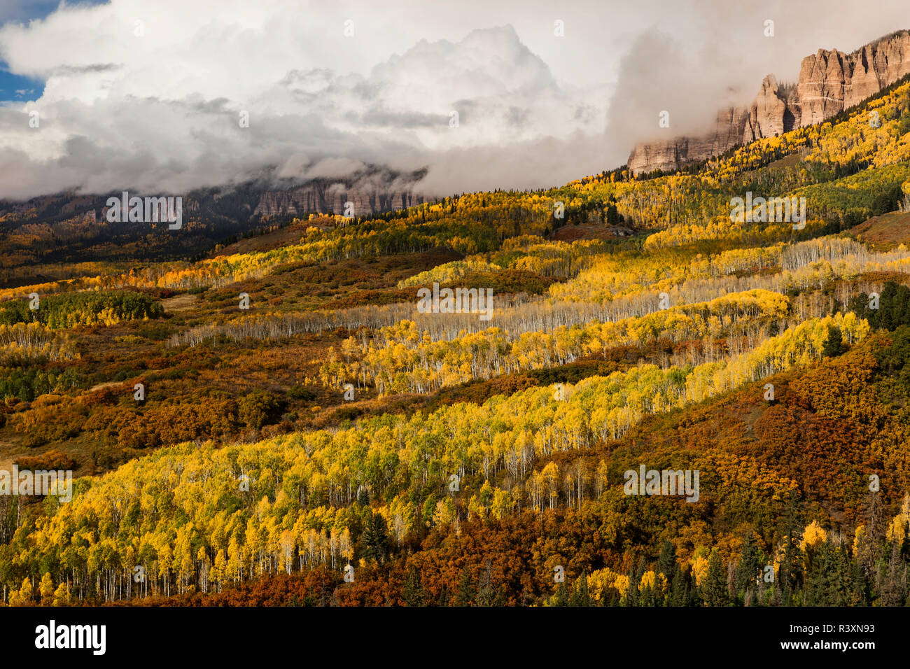 Cimarron range at sunset in autumn, San Juan Mountains, eastern Ouray County, Colorado Stock Photo
