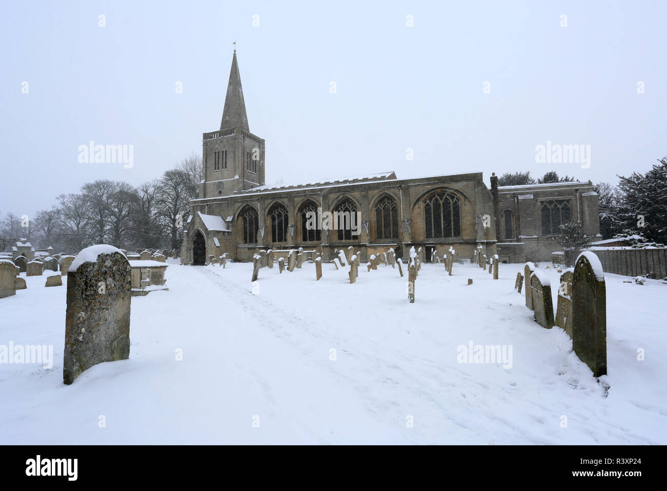 Winter snow, Priory church Deeping St James, Lincolnshire County, England, UK Stock Photo