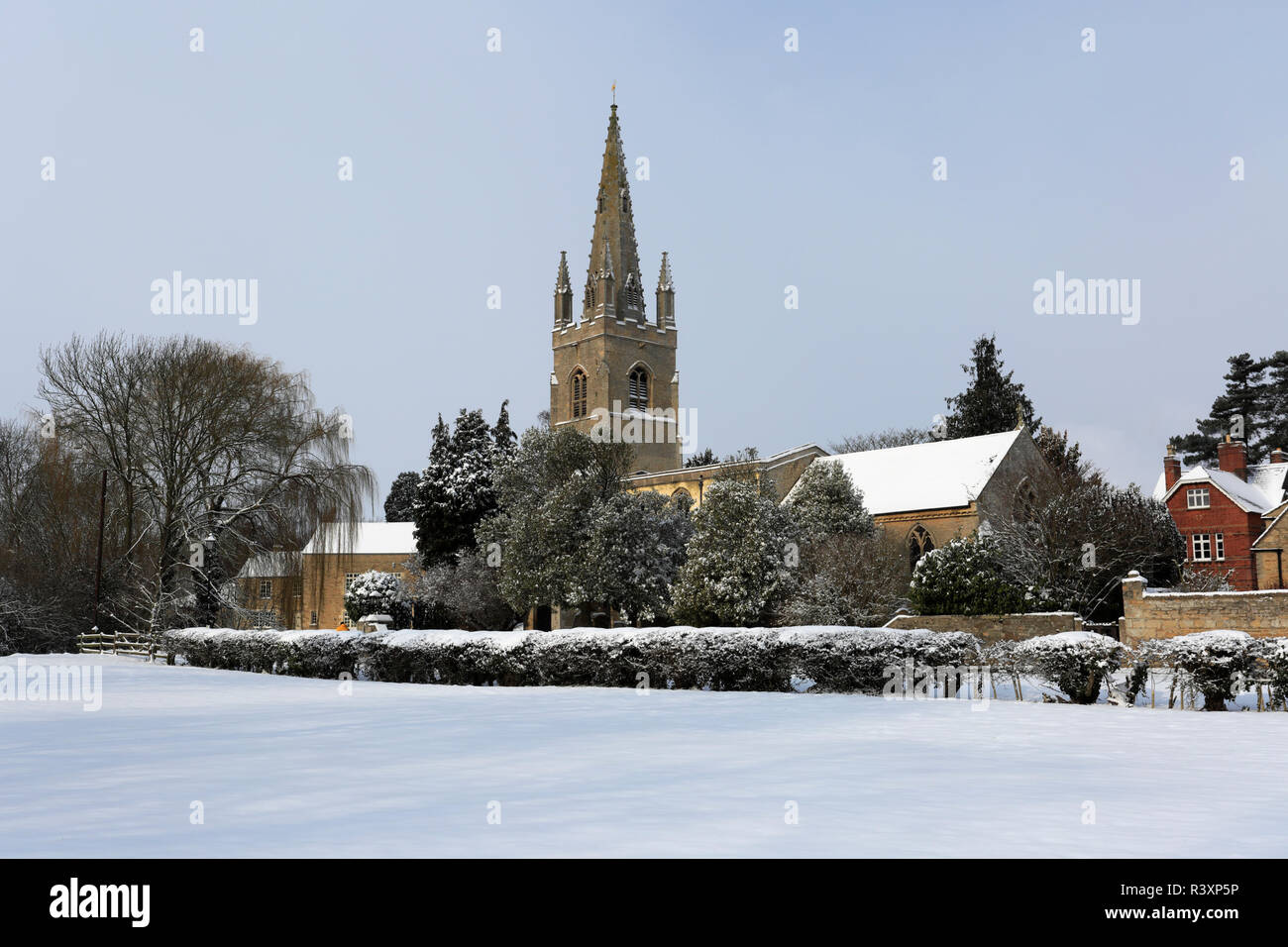 Winter snow, St Andrews parish church, West Deeping village, Lincolnshire, England; Britain; UK Stock Photo