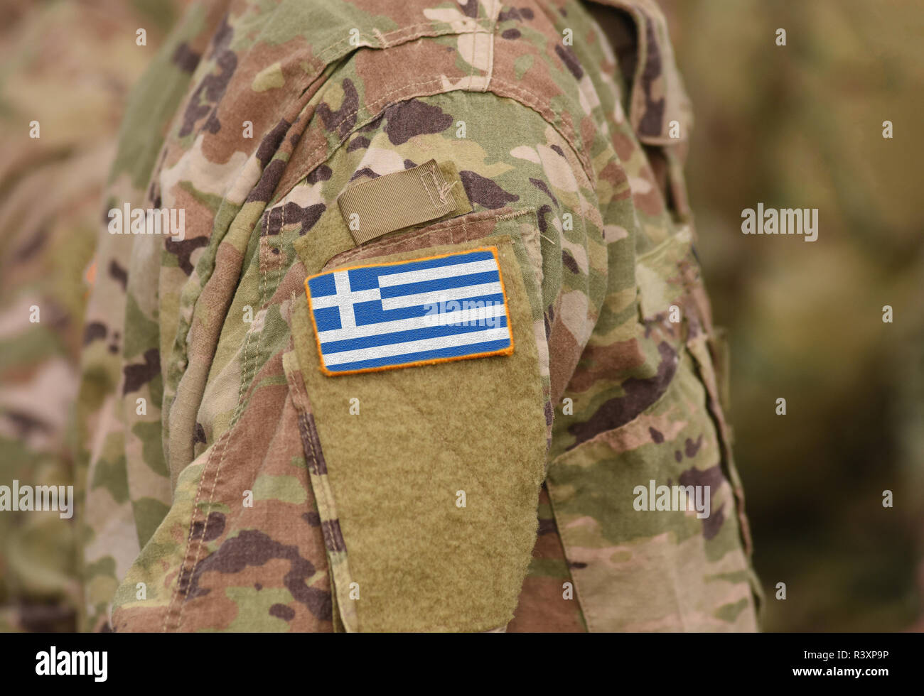 Greece flag on soldiers arm (collage). Stock Photo