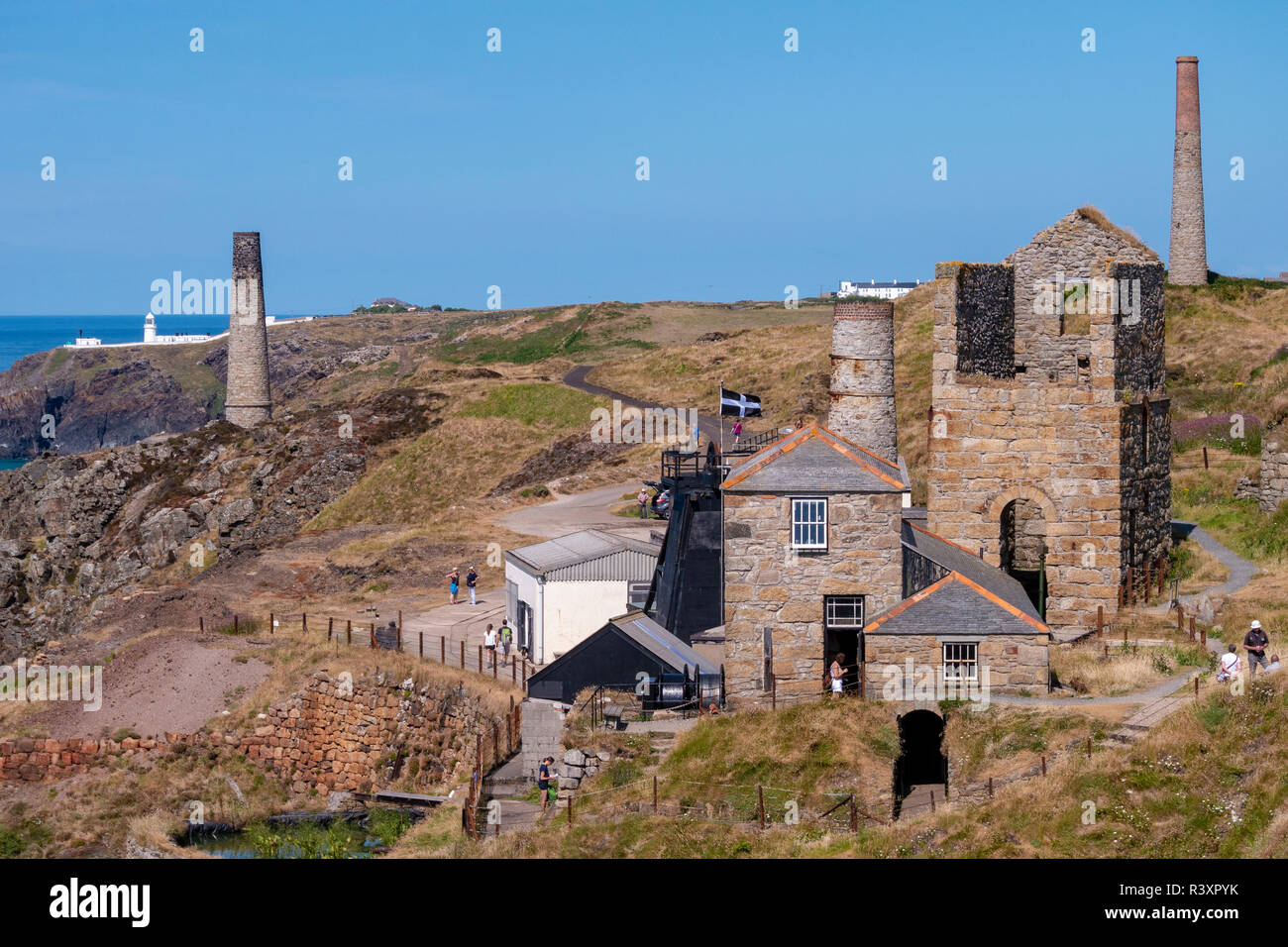 Levant Mine and the Boscaswell Cliffs looking towards Pendeen Lighthouse on the north coast of Cornwall, UK. Stock Photo