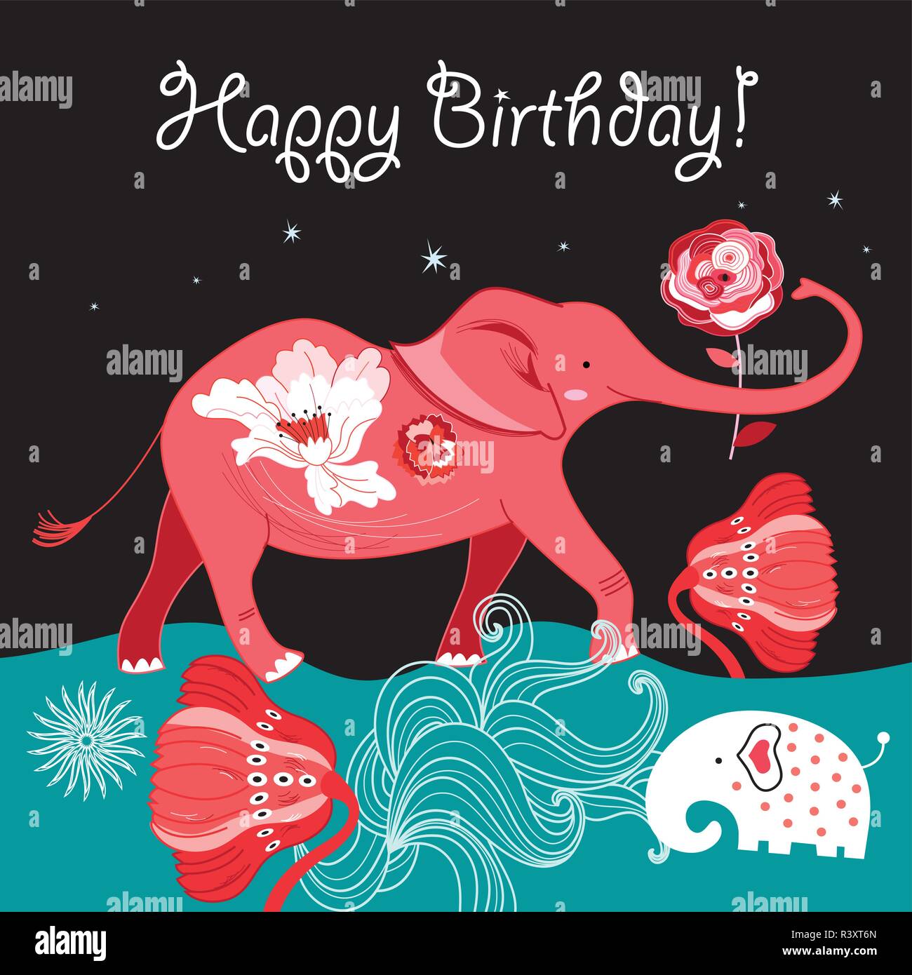 Bright greeting card with a red elephant on a beautiful background with ...