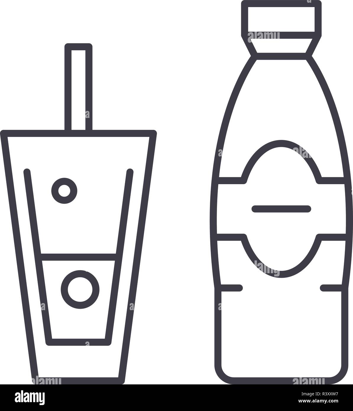 Bottle and glass of mineral water line icon concept. Bottle and glass