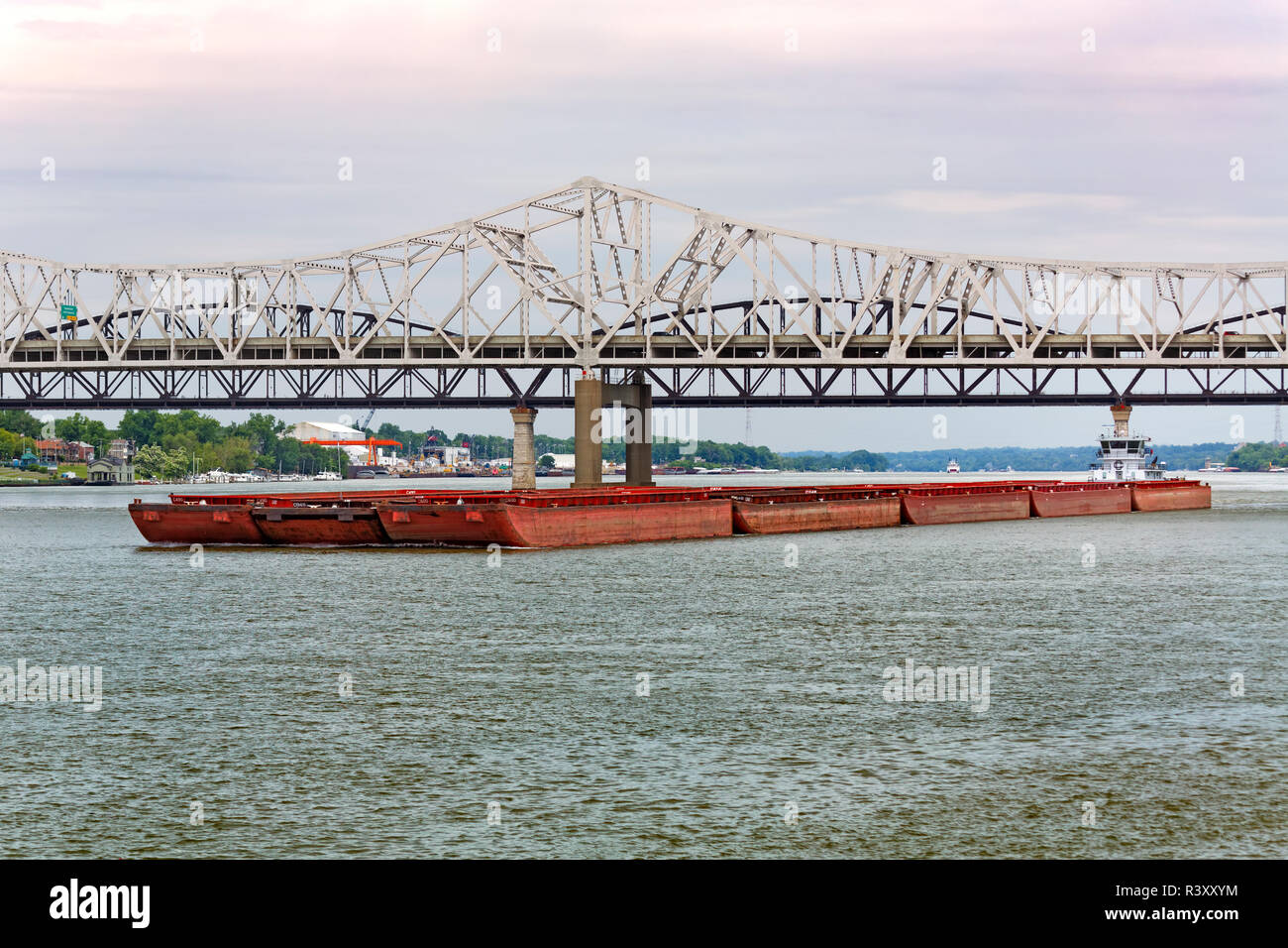 Empty coal barge on Ohio River between Louisville, Kentucky and Jeffersonville, Indiana. Stock Photo