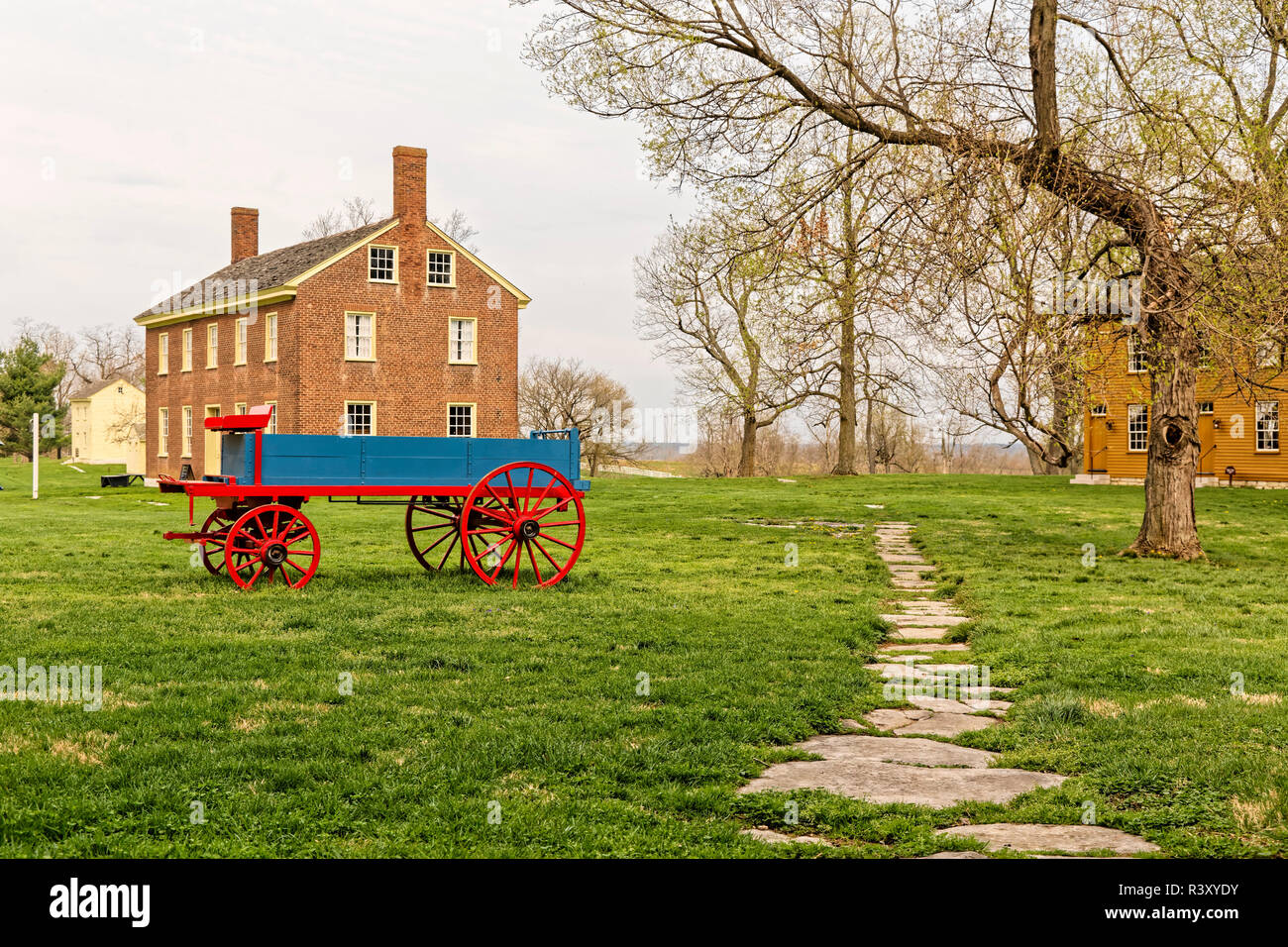 Blue and red horse drawn wagon, Shaker Village of Pleasant Hill