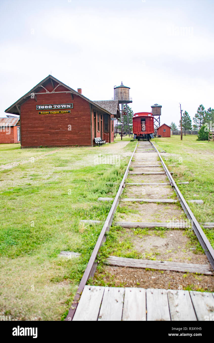An old railroad station in 1880 Town in South Dakota, movie set for Dances With Wolves. Stock Photo