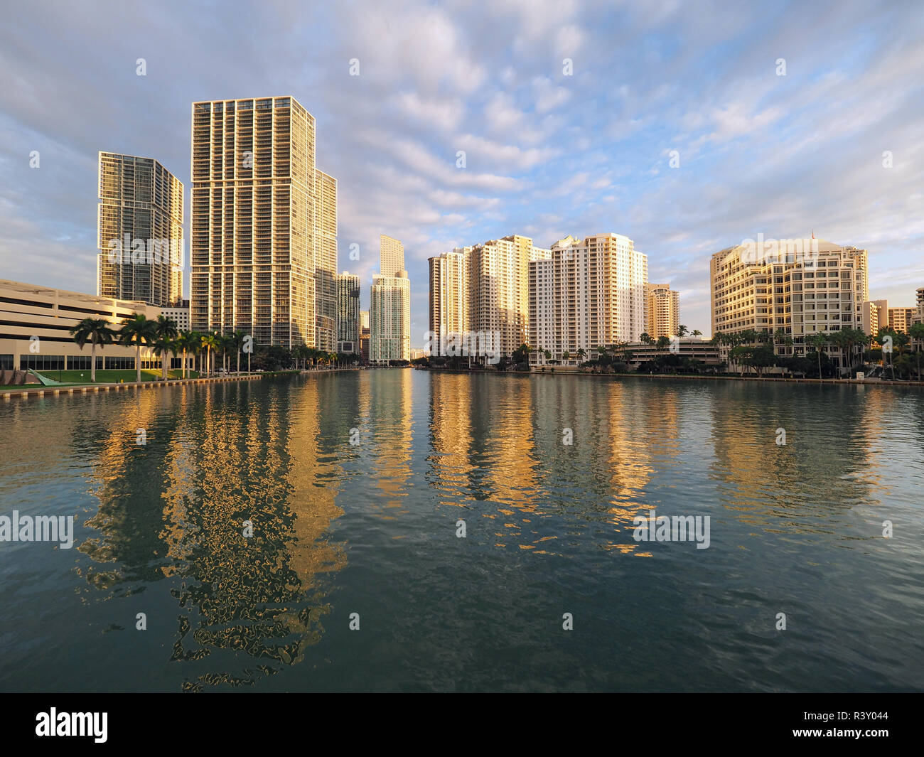 Miami, Florida 11-24-2018 Buildings of the City of Miami and Brickell Key, Florida, in early morning light. Stock Photo