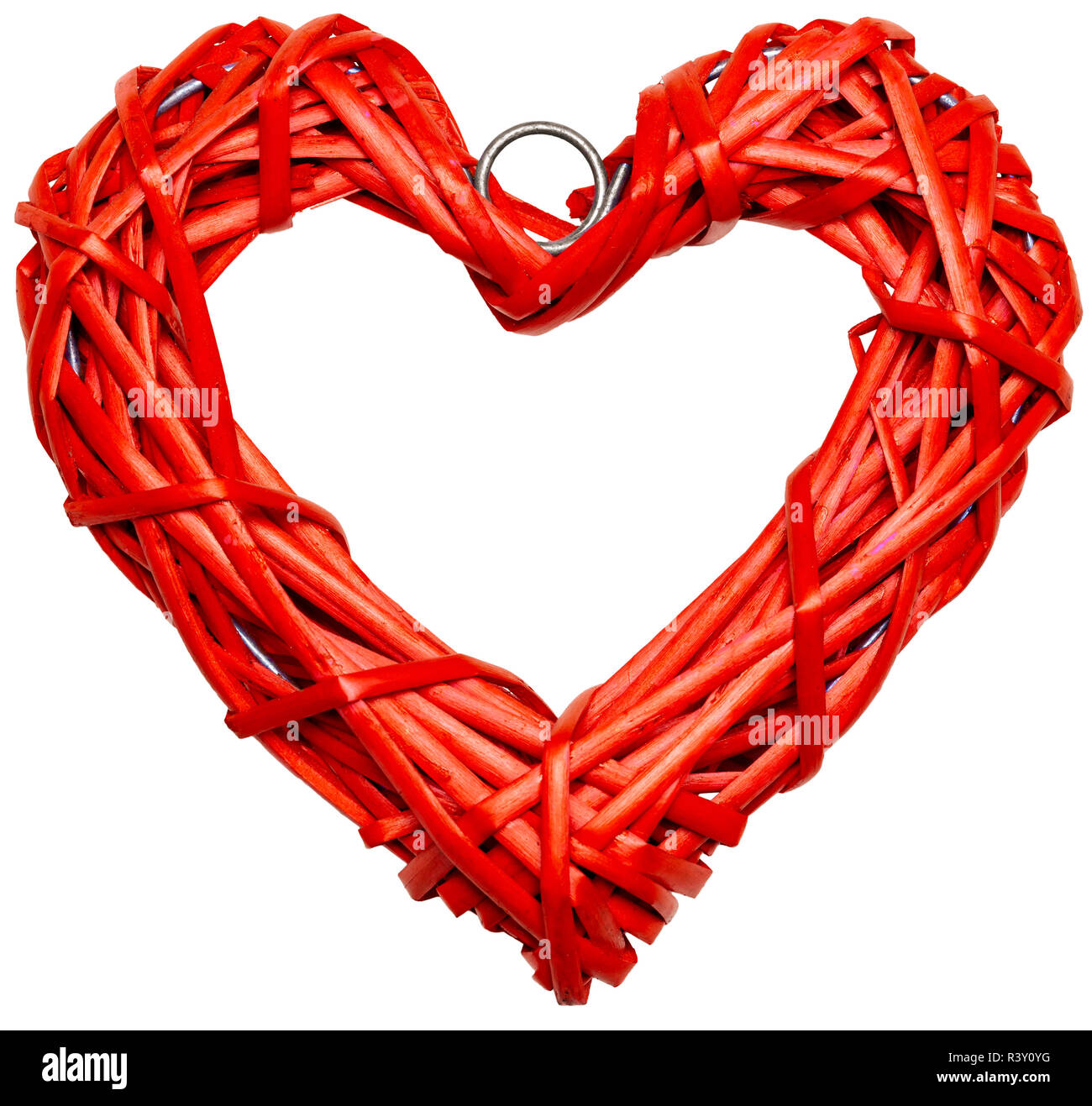 Red heart shaped braided wicker isolated on white background Stock Photo