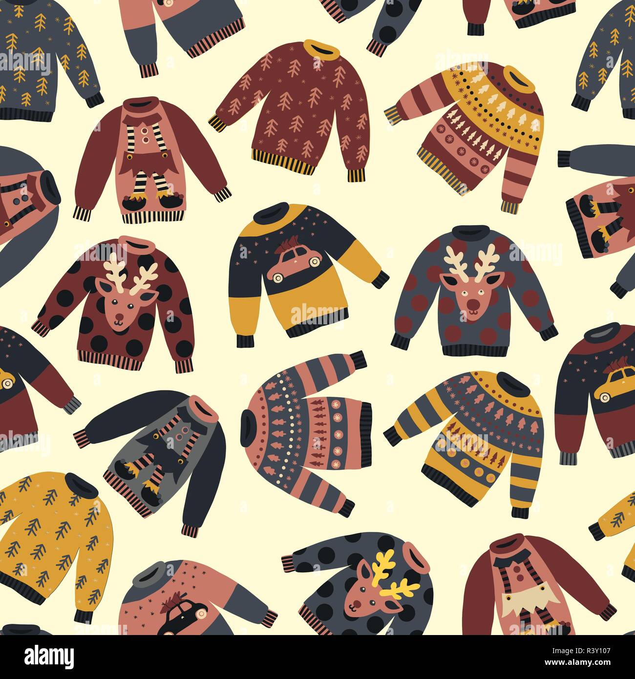 Christmas Holiday sweaters seamless vector pattern. Knitted ugly winter jumpers with norwegian ornaments and decorations. Vintage Christmas background Stock Vector