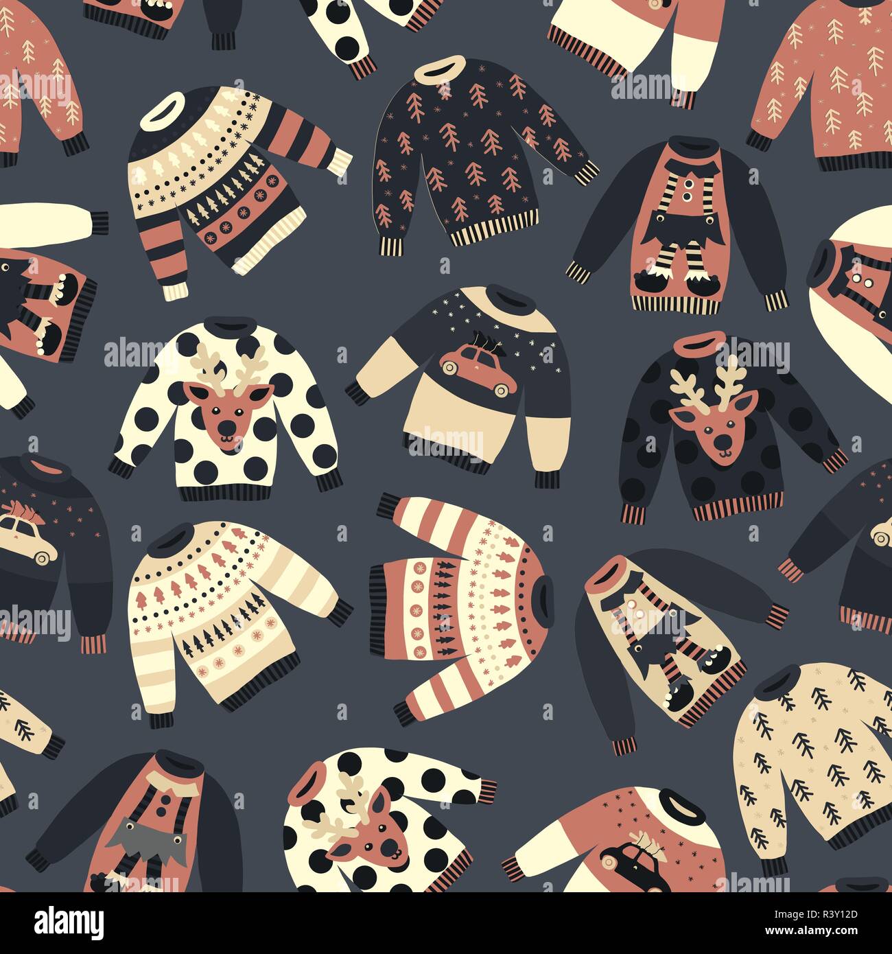 Vintage Christmas Holiday sweaters seamless vector pattern blue