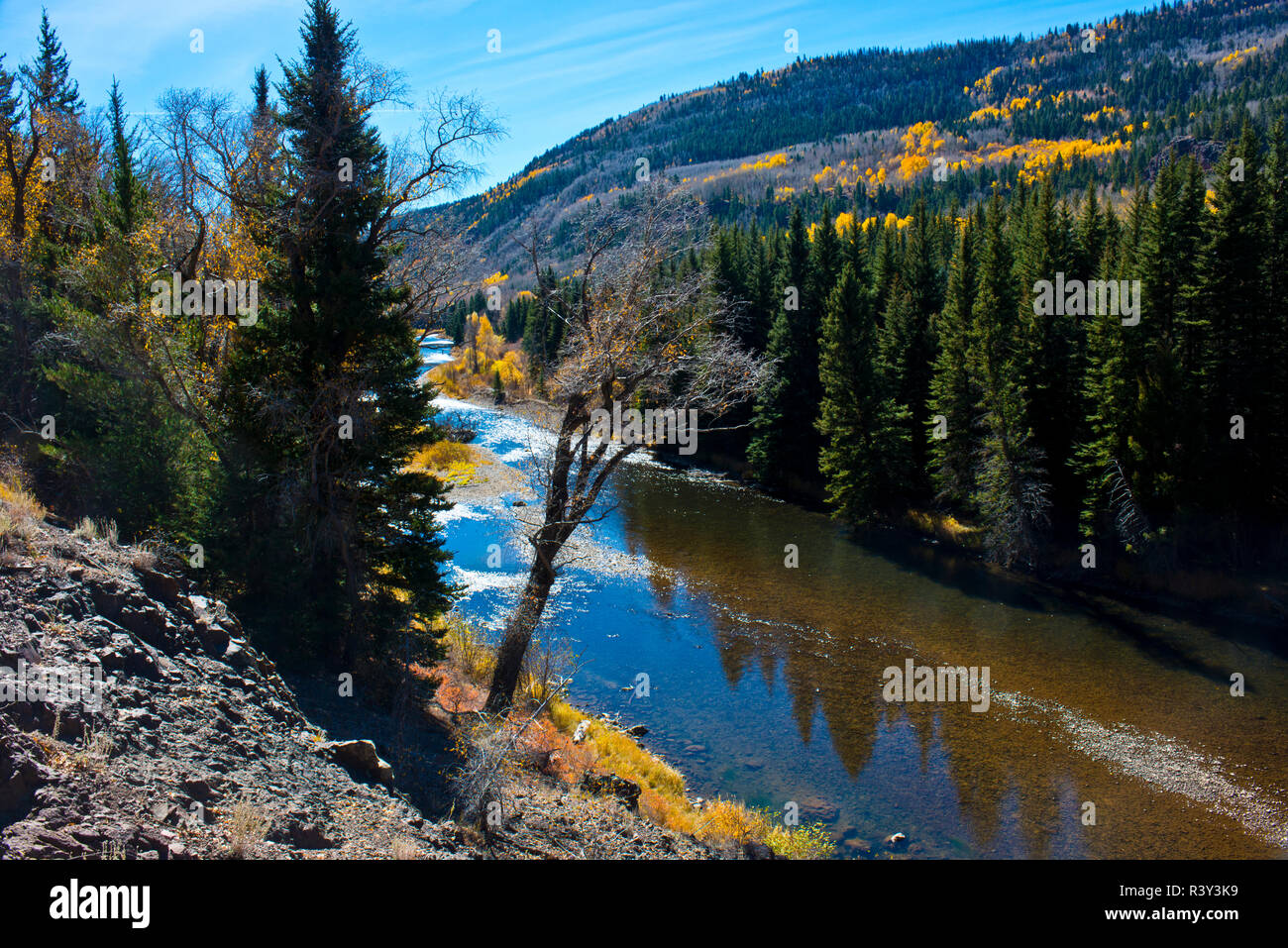 USA, New Mexico, Scenic Fall Landscape along State Highway 17 and Rio Chama River between Chama and Antonito Stock Photo