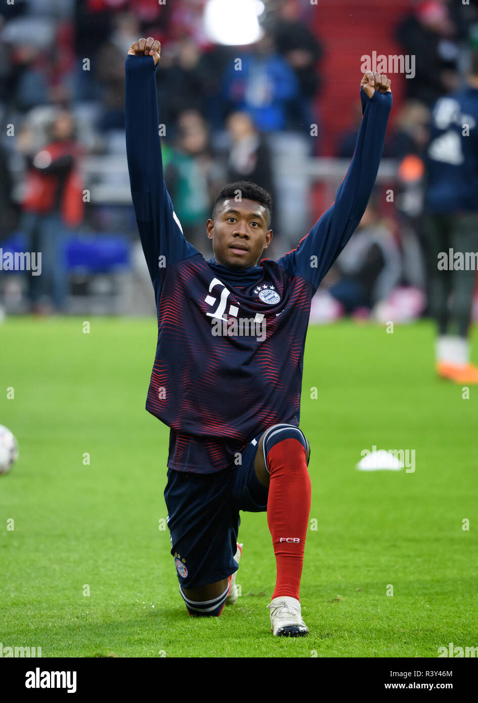 24 November 2018, Bavaria, München: Soccer: Bundesliga, Bayern Munich - Fortuna Düsseldorf, 12th matchday in the Allianz Arena. David Alaba of Munich warms up. Photo: Sven Hoppe/dpa - IMPORTANT NOTE: In accordance with the requirements of the DFL Deutsche Fußball Liga or the DFB Deutscher Fußball-Bund, it is prohibited to use or have used photographs taken in the stadium and/or the match in the form of sequence images and/or video-like photo sequences. Stock Photo