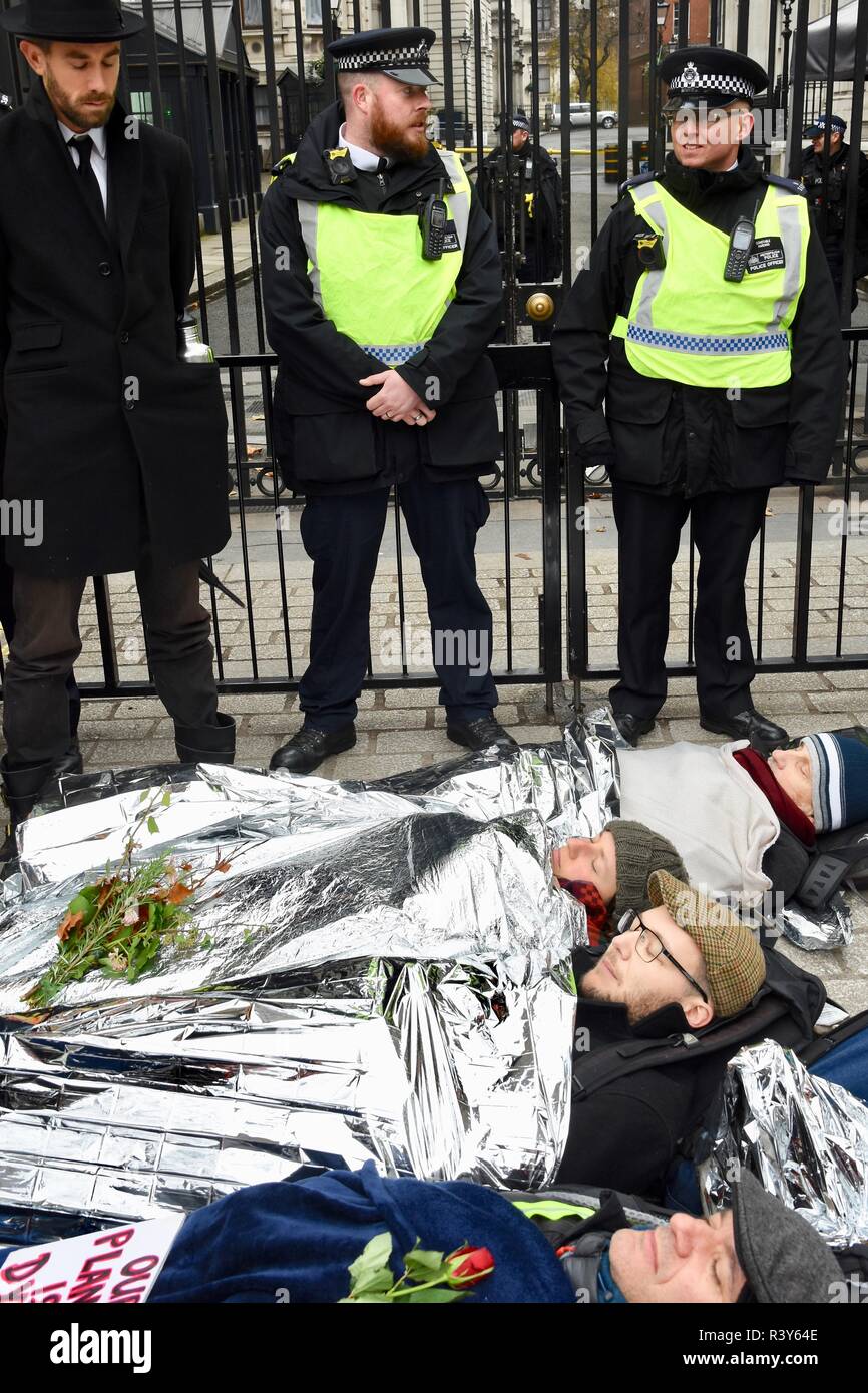 London, UK. 24th Nov 2018. Extinction Rebellion/Rebellion Day 2. Protesters staged a lie in outside the gates of Downing Street, London, UK Credit: michael melia/Alamy Live News Stock Photo