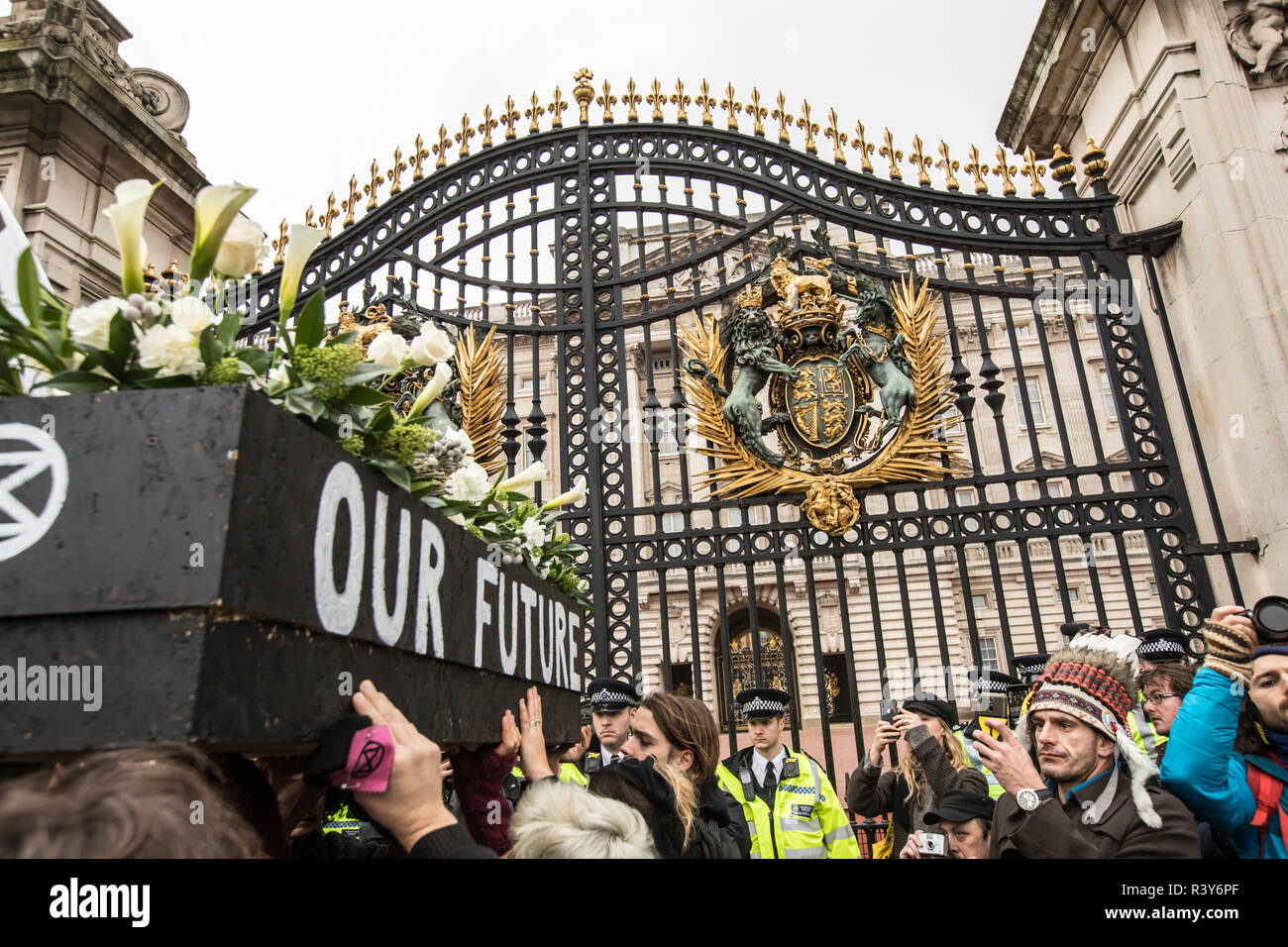 London, UK. 24th Nov 2018. 24 November, 2018. London,UK. 'Extinction Rebellion' climate protesters demonstrated in central London with a funeral procession which included a sit down outside Downing Street and a march to Buckingham Palace. Credit: David Rowe/Alamy Live News Stock Photo
